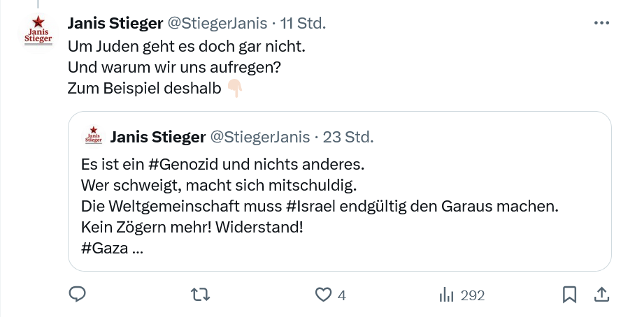 Wenn <a href="/StiegerJanis/">Janis Stieger</a> #Israel, dem einzigen jüdischen Staat, in dem etwa die Hälfte aller Jüdinnen*Juden weltweit lebt, „endgültig den Garaus machen“ möchte, geht es selbstverständlich „gar nicht“ um eliminatorischen #Antisemitismus.