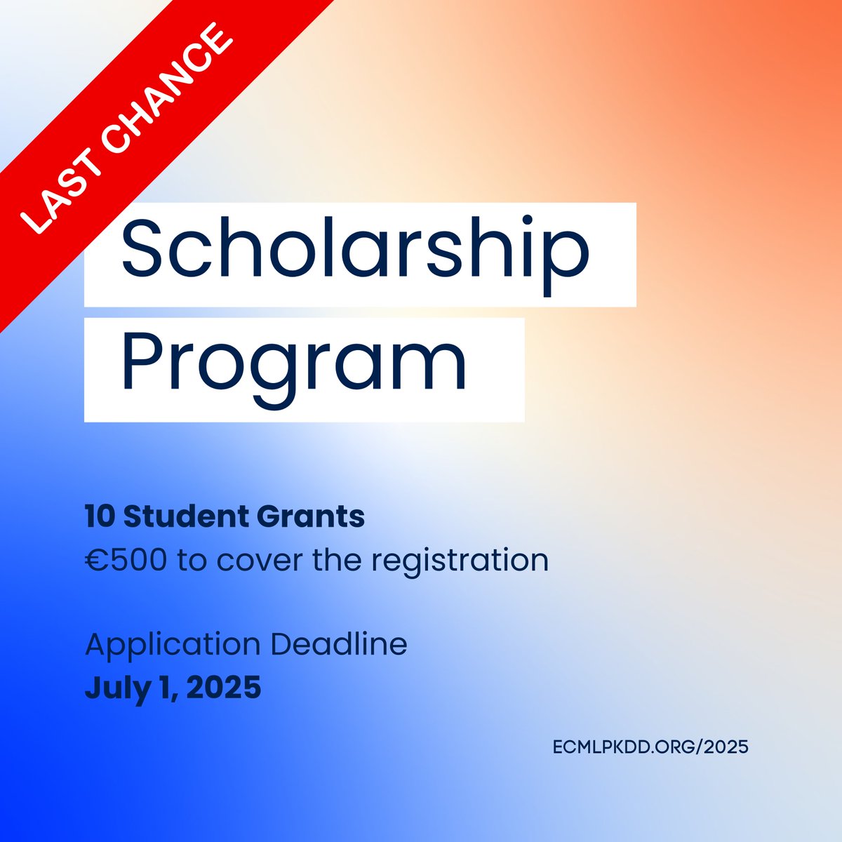 ECML PKDD (@ecmlpkdd) on Twitter photo #ECMLPKDD2025๐ฉ๐ผโ๐คโ๐จ๐ฟ๐จ๐ปโ๐ฆฝ๐ If you haven't submitted your application to our ๐ ๐ฆ๐ฐ๐ต๐ผ๐น๐ฎ๐ฟ๐๐ต๐ถ๐ฝ ๐ฃ๐ฟ๐ผ๐ด๐ฟ๐ฎ๐บ ๐ yet, don't waste any more time! ๐ ๐ฌ๐ผ๐ ๐ต๐ฎ๐๐ฒ ๐๐ป๐๐ถ๐น ๐ป๐ฒ๐
๐ ๐ง๐๐ฒ๐๐ฑ๐ฎ๐ (๐๐๐น๐ ๐ญ) ๐๐ผ ๐ฑ๐ผ ๐ถ๐! + info: ecmlpkdd.org/2025/scholarshโฆ #ECMLPKDD2025๐ฉ๐ผโ๐คโ๐จ๐ฟ๐จ๐ปโ๐ฆฝ๐ If you haven't submitted your application to our ๐ ๐ฆ๐ฐ๐ต๐ผ๐น๐ฎ๐ฟ๐๐ต๐ถ๐ฝ ๐ฃ๐ฟ๐ผ๐ด๐ฟ๐ฎ๐บ ๐ yet, don't waste any more time! ๐ ๐ฌ๐ผ๐ ๐ต๐ฎ๐๐ฒ ๐๐ป๐๐ถ๐น ๐ป๐ฒ๐
๐ ๐ง๐๐ฒ๐๐ฑ๐ฎ๐ (๐๐๐น๐ ๐ญ) ๐๐ผ ๐ฑ๐ผ ๐ถ๐! + info: ecmlpkdd.org/2025/scholarshโฆ