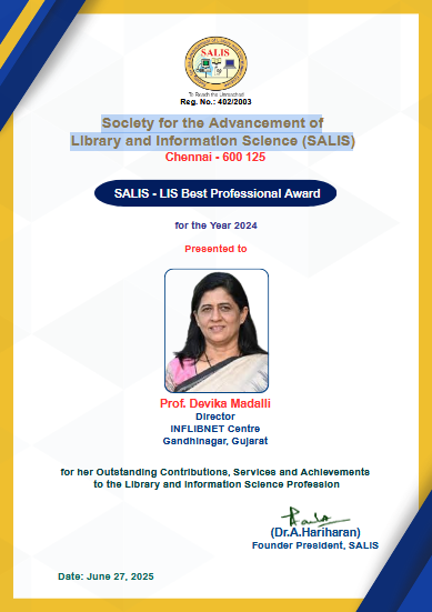🎉 <a href="/INFLIBNET/">INFLIBNET Centre</a> Centre is proud to share that Prof. <a href="/DevikaInflibnet/">@DevikaINFLIBNET</a>, Director, has been honored with the SALIS - LIS Best Professional Award 2024 by #SALIS, Chennai, for her outstanding contributions to the #LIS profession. 👏📚
#SALISAwards #LibraryLeadership