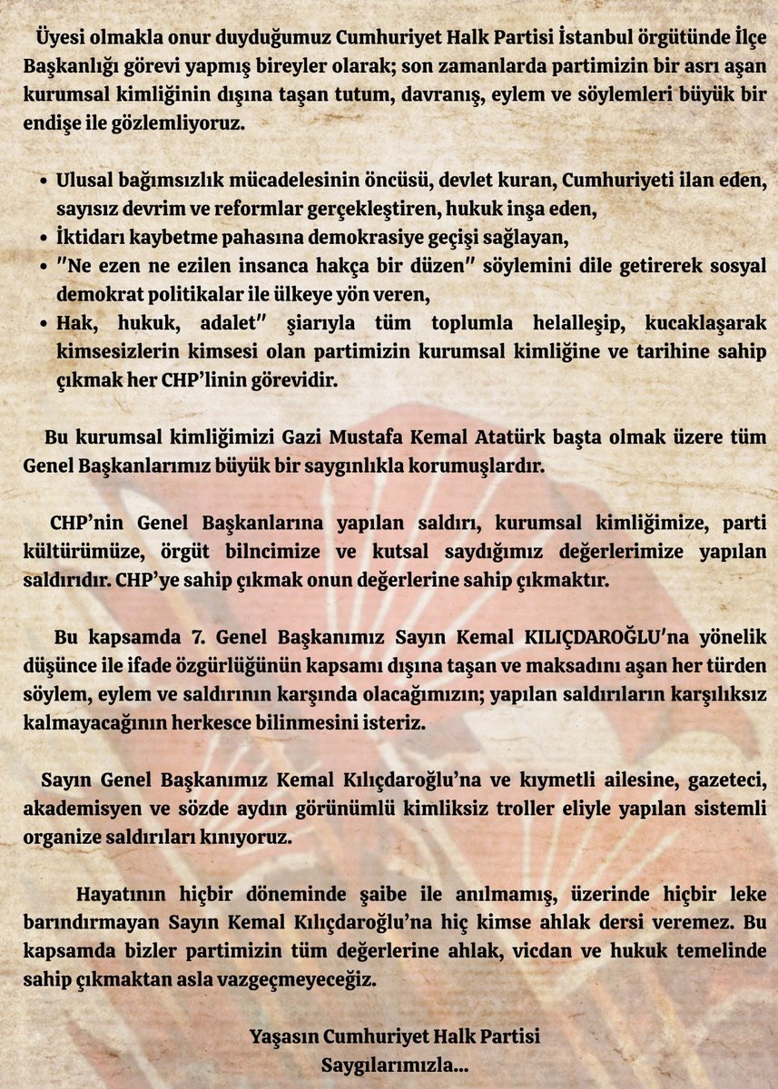 Görev Yapmış İstanbul İlçe Başkanları Ortak Bildirisidir. Kamuoyuna saygı ile...
<a href="/kilicdarogluk/">Kemal Kılıçdaroğlu</a>