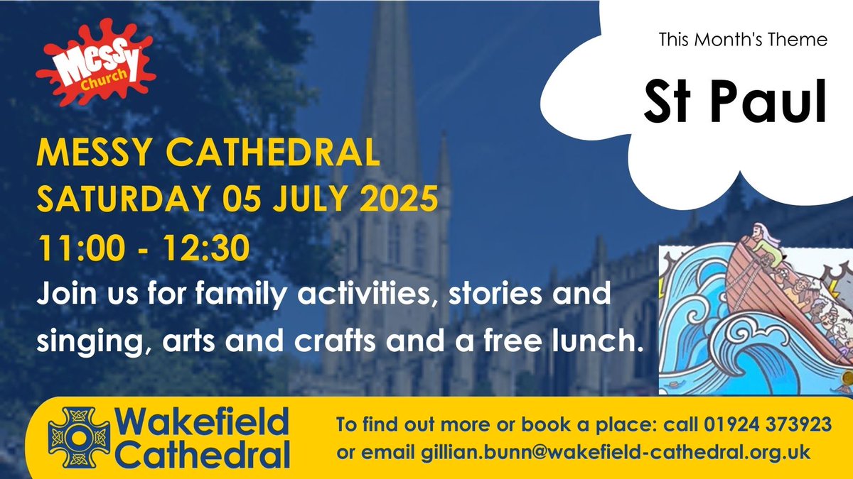 WakeCathedral's tweet photo. π Shipwrecks, stories & snacks!
Join us for Messy Cathedral β a fun, faith-filled morning for families!
π
Sat 5 July
π 11:00β12:30
π¨ Crafts
π Story of St Paul
πΆ Songs
π½ Lunch
π© Book: gillian.bunn@wakefield-cathedral.org.uk
#MessyChurch #FamilyFun #WakefieldEvents https://t.co/FrchprQHxP