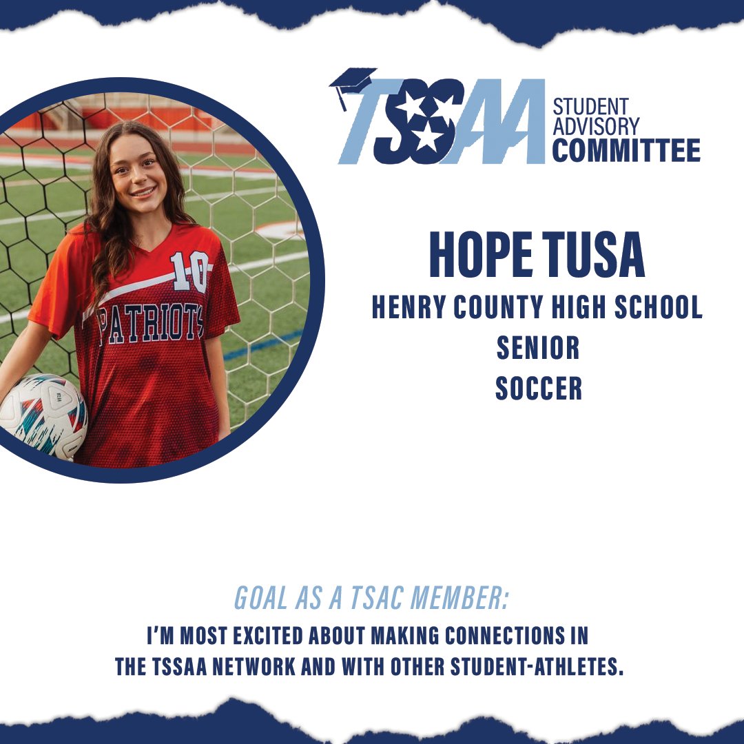 TSSAA's tweet image. 📚TSAC Member Spotlight📚
Meet Hope Tusa! A Henry County High School student-athlete serving on this year's Student Advisory Committee!