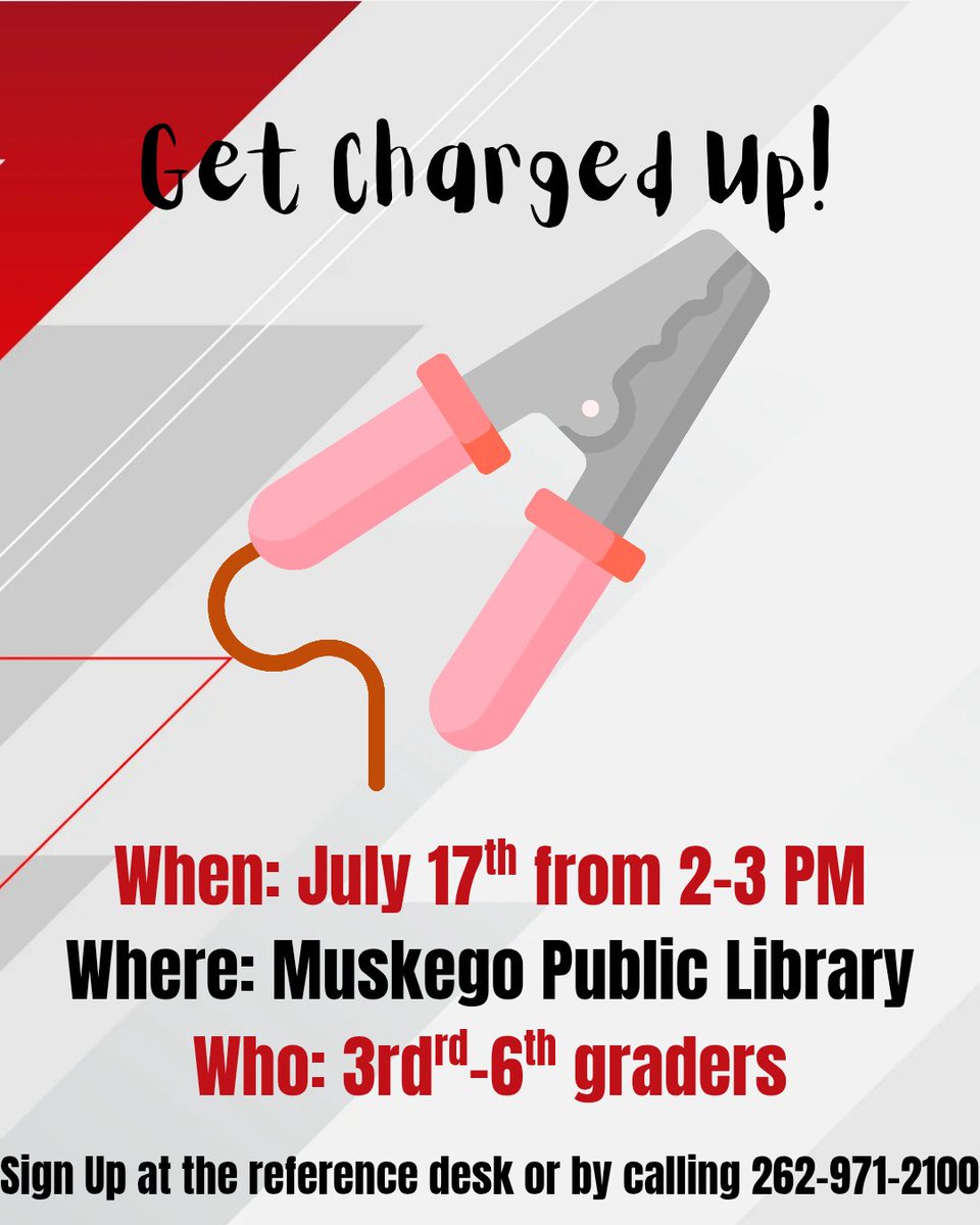 Join the WarriorBots at our CREATE Workshop on July 17th from 2-3 PM at the Muskego Public Library to learn about circuits! Sign up either at the reference desk or by calling 262-971-2100. This workshop is recommended for 3rd-6th graders. 
<a href="/MuskegoNorwaySc/">Muskego-Norway Schools</a> #muskegonorwayschools