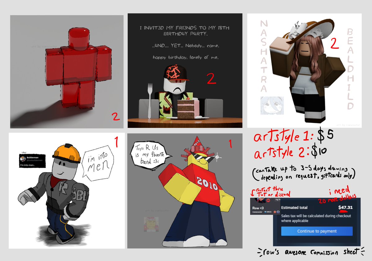 rowscouter's tweet image. need 20 funds for the steam summer sale, so i'm opening c*mmissions!!

accepting 1 or 2 positions rn, if you want me to draw your oc avatars (or just any game character) using either normal/shaded styles then please dm me immediately! i need to cop this sale #roblox #robloxart