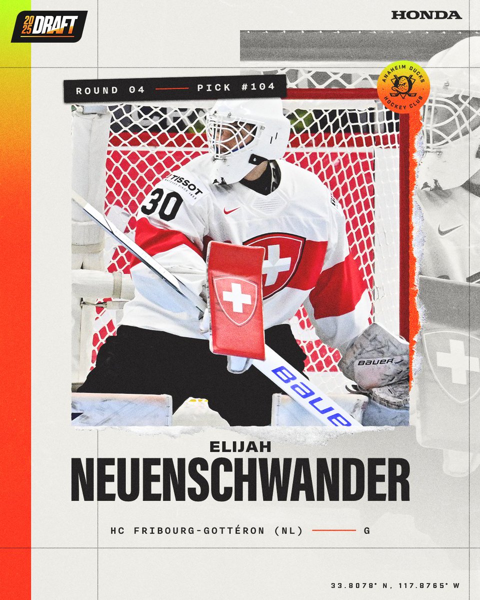 Goalie alert! We have selected Elijah Neuenschwander of Switzerland with the 104th overall pick of the Draft. 

#NHLDraft | <a href="/Honda/">Honda</a>

📸Credit: Minas Panagiotakis