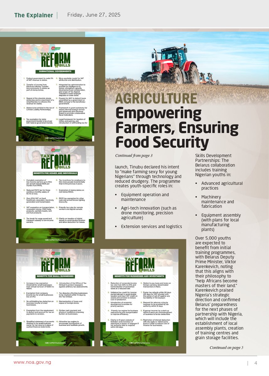 NOA_Nigeria's tweet photo. The 48th  edition of The Explainer focuses on President Bola Tinubu  administration’s giant strides in revolutionising Nigeria’s agriculture sector through a four-pillar approach: mechanisation and tech adoption, rural infrastructure development, youth engagement, and international partnerships. 
 This aims to address challenges like low productivity, food inflation, and post-harvest losses, promoting food security and economic growth, ultimately empowering farmers and ensuring food security. 
The edition also contains many more reports on policies of the Tinubu-led government. You can always rely on CLHEEAN, the NOA’s Voice/Chat Assistant, for information on these and any other policies. Visit https://t.co/nuga5RprCo . Enjoy it.