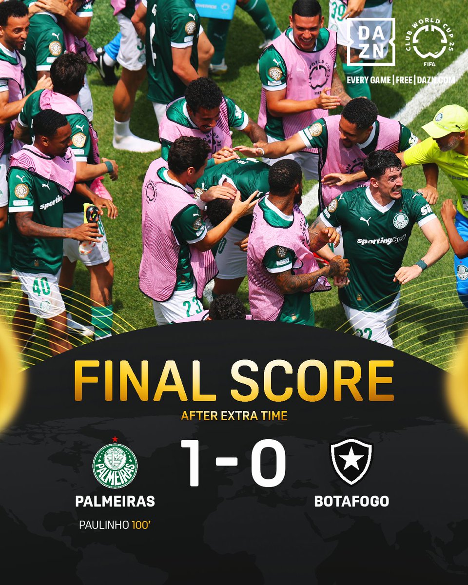 DAZNFootball's tweet photo. FT: Palmeiras 1–0 Botafogo (AET)
Palmeiras edge Botafogo and punch their ticket to the next round! ✅🟢
Watch the @fifacwc | June 14 - July 13 | Every Game | Free | https://t.co/i0K4eUu4lJ | #FIFACWC #TakeItToTheWorld #SEPBOT https://t.co/eE5H772Ncw