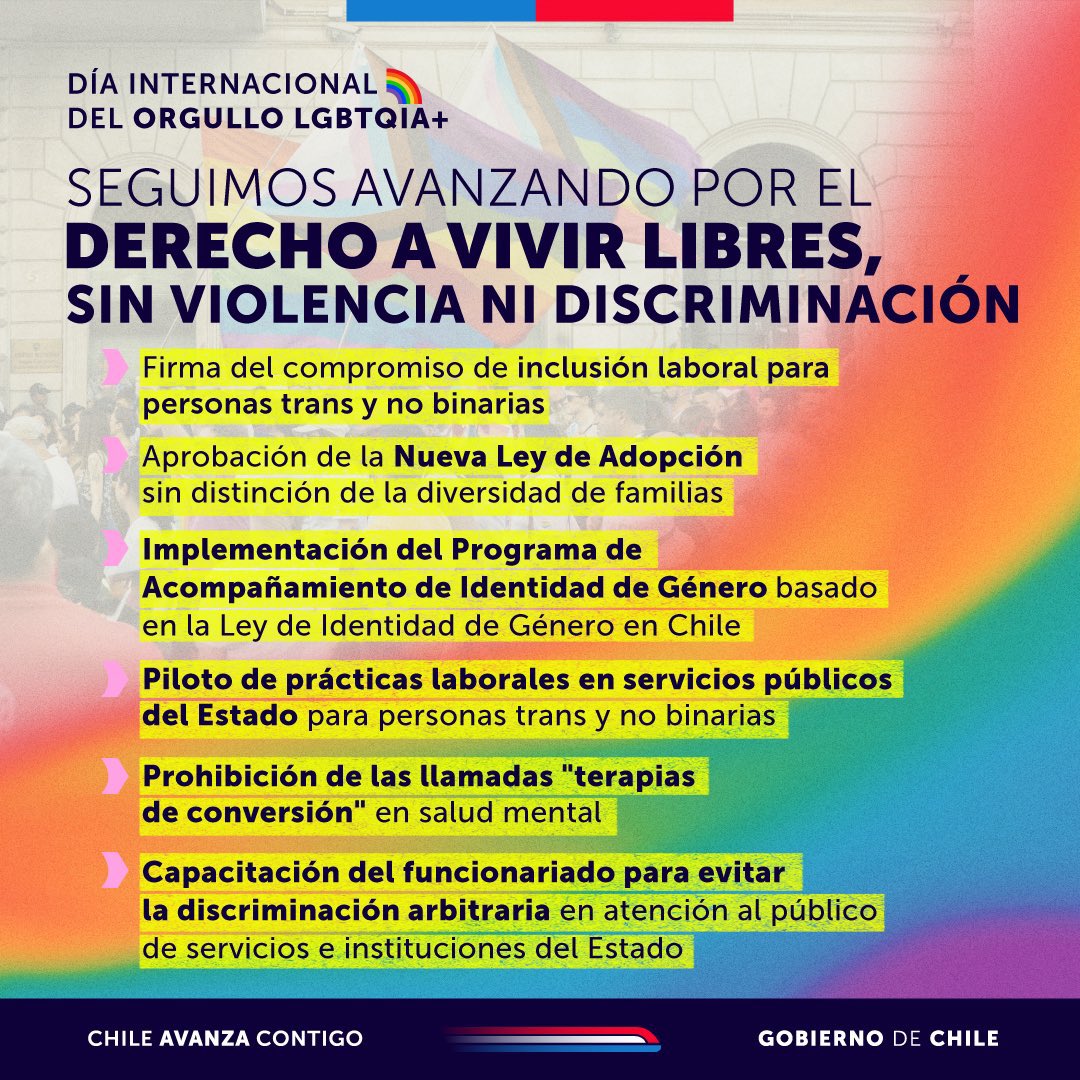 🌈 En este Día Internacional del Orgullo LGBTQIA+ reconocemos el derecho de todas las personas a vivir libres, sin violencia ni discriminación. La dignidad y el respeto son valores esenciales para el Chile que queremos construir.