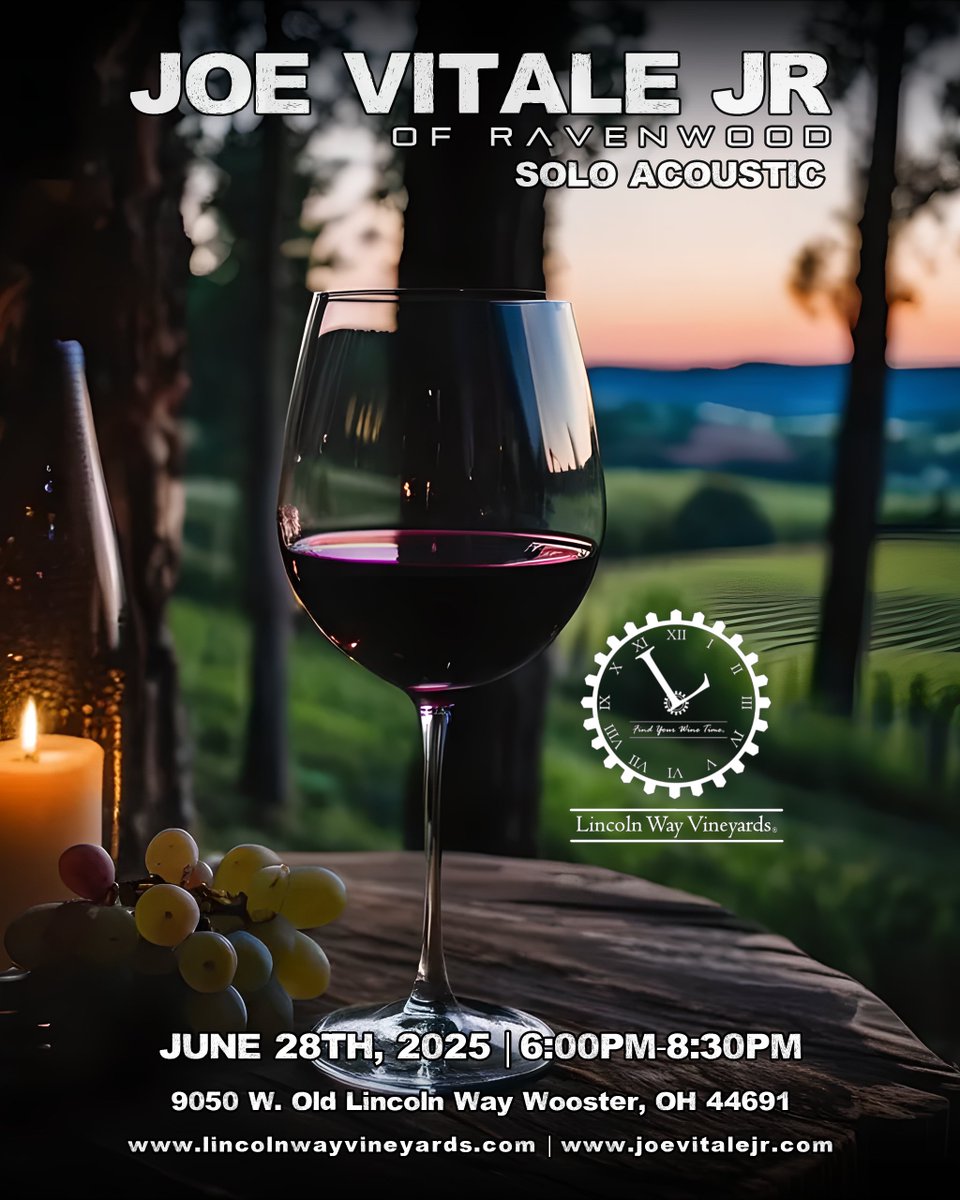 06.28.25 | Lincoln Way Vineyards | 6:00PM-8:30PM

Hey friends, tonight, I will be performing solo acoustic at the Lincoln Way Vineyards in Wooster, OH from 6:00PM-8:30PM.

Moto Pizza is back at the winery tonight with their irresistible wood fired pizza!