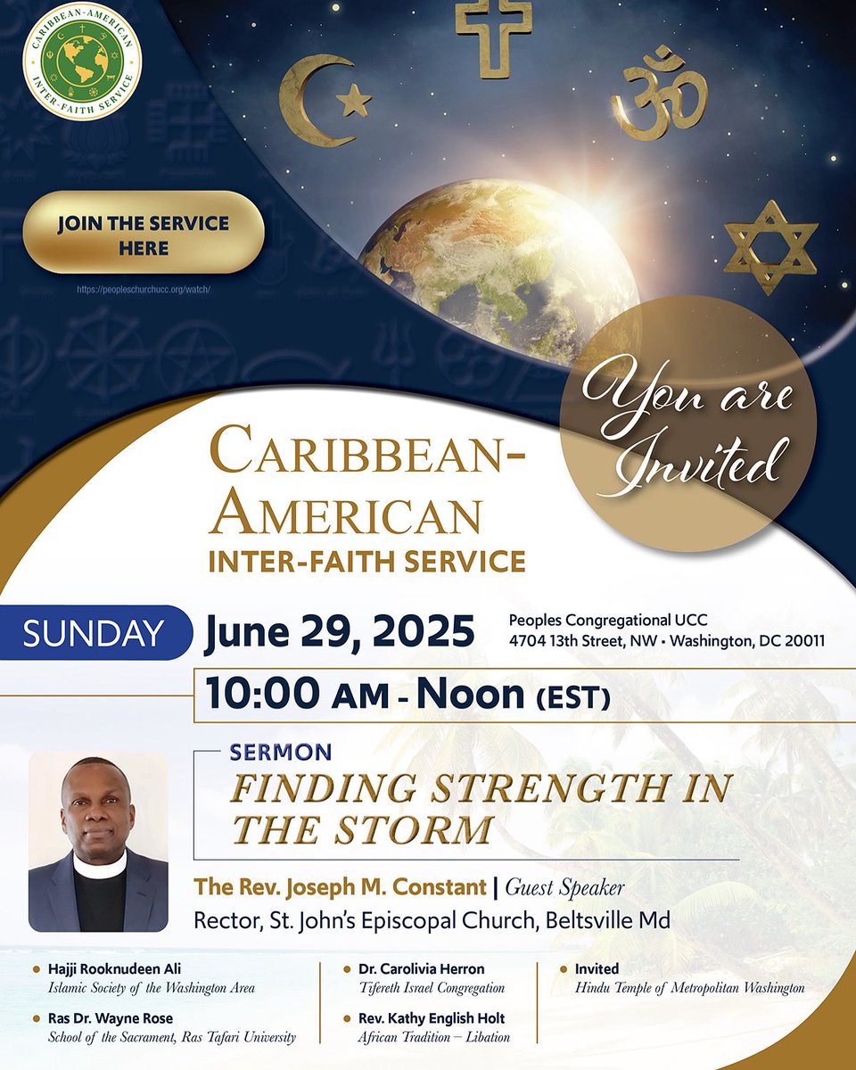 MOCCADC's tweet image. 🌟 Join us for an interfaith gathering celebrating faith, culture & community!
🗓️ Sun, June 29 | ⏰ 10AM–12PM ET
📍 Peoples Congregational UCC, DC
🎤 Finding Strength in the Storm
With Rev. Bragg-Reynolds & Rev. Constant
📺 Livestream on YouTube!
🙏 All are welcome!