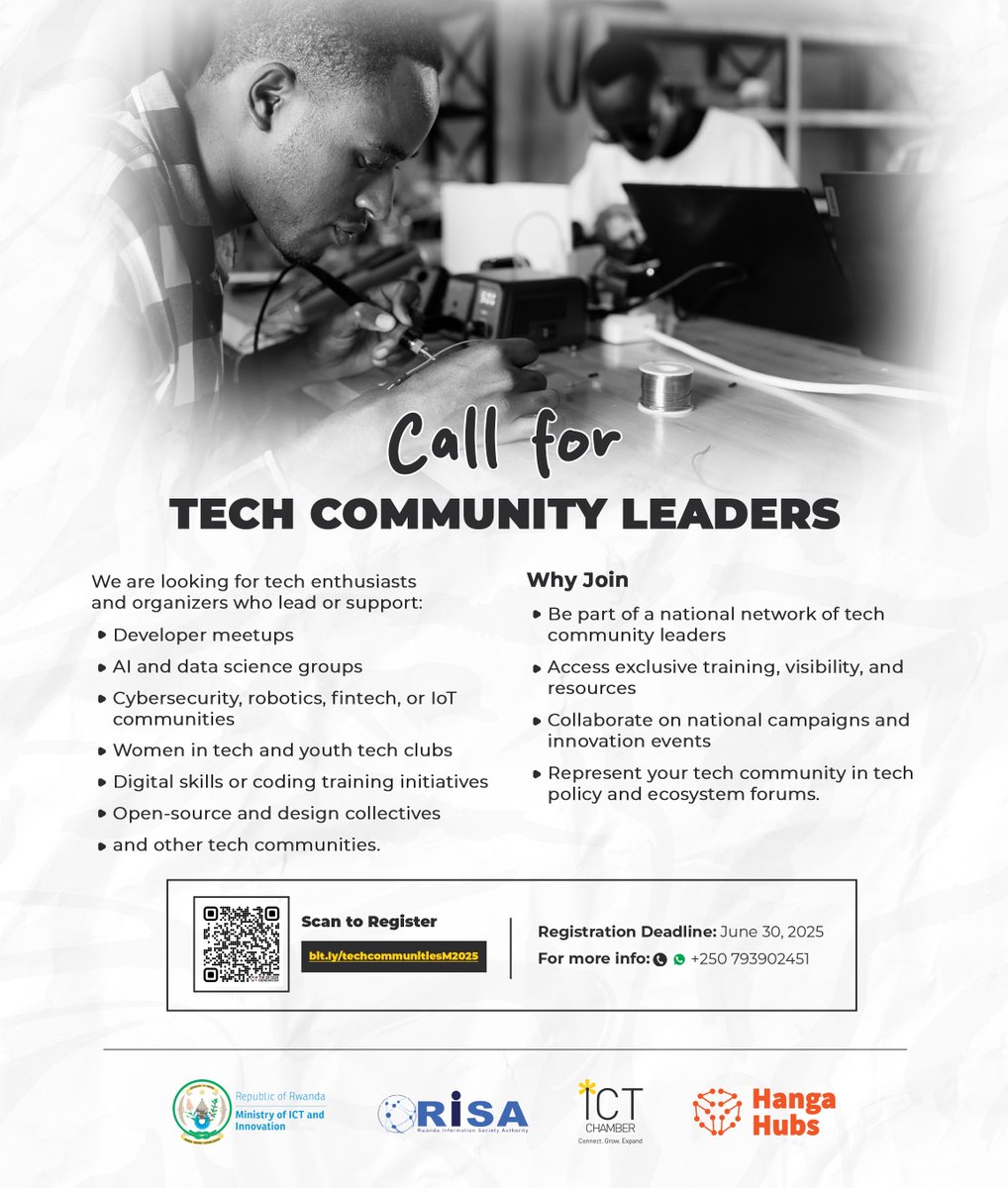 📢#Opportunity for #TechCommunityLeaders!
As we celebrate the #TechCommunitiesMonth2025, we’re calling on tech community leaders across Rwanda. Are you leading a #TechCommunity in your district but haven't registered yet? 

#REGISTER today to join the national network of tech