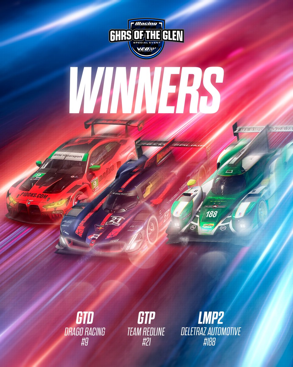 🏆 Class winners at the iRacing 6 Hours of The Glen powered by VCO:

🥇 GTP – Team Redline
🥇 LMP2 – Deletraz Automotive
🥇 GTD – Drago Racing

Incredible racing across the board at this #vcograndslam classic! 💪

#vcoesports #iRacing
