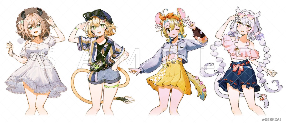 Renkkai's tweet image. I had the honor of designing outfits and illustrating the girls for #VirtualVacation2025 🏖️ Thank you oshiSPARK for the opportunity!!!!! 

 #nimagery #doobart #AshtonARTen #hyunillust