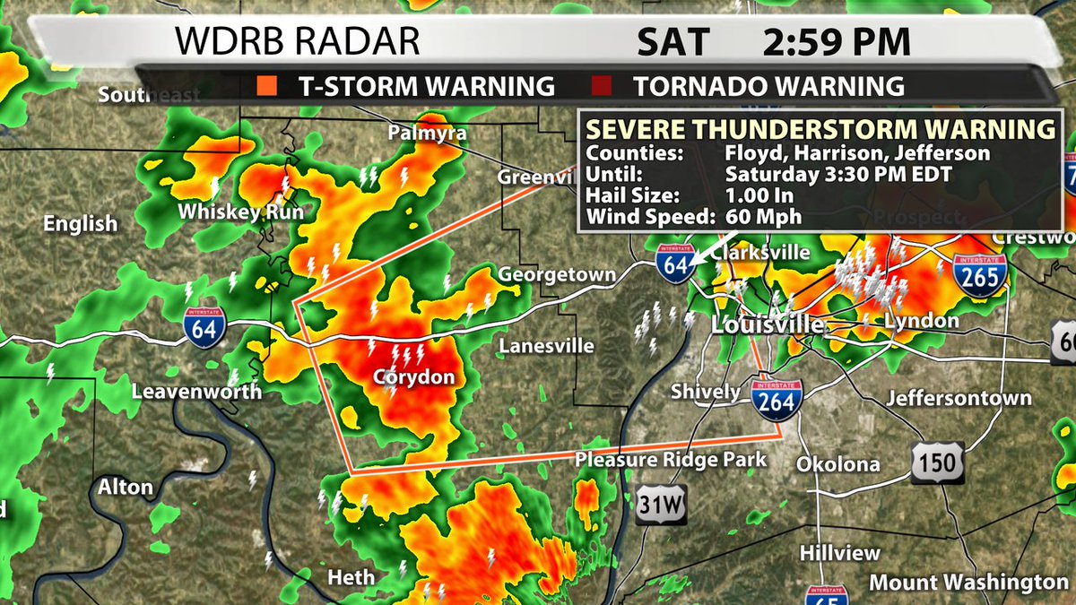 A Severe Thunderstorm Warning has been issued for Floyd, Jefferson, Harrison Co. until 6/28 3:30PM EDT. Tune to WDRB or go to our interactive radar at wdrb.com/weather.