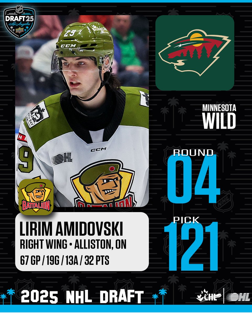 OHLHockey's tweet image. Lirim Amidovski of the @OHLBattalion takes his sneaky scoring touch to the @mnwild at 121st overall in the 2025 #NHLDraft!
