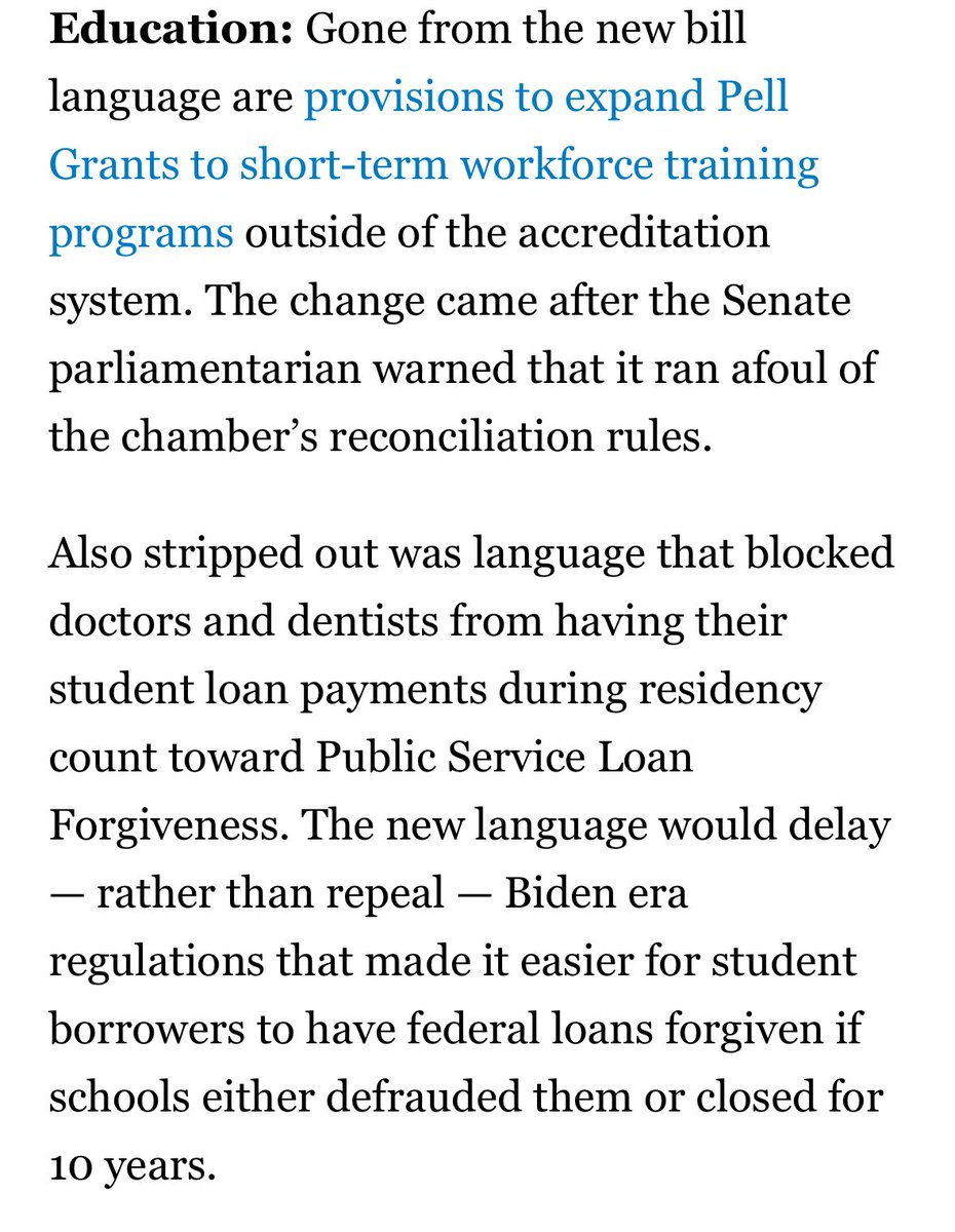 FYI - a few changes in the Republican tax cut and spending cut bill to education provisions described below. The bill cuts student aid and institutional support. President wants to sign it into law on July 4. All Democrats will vote no.
