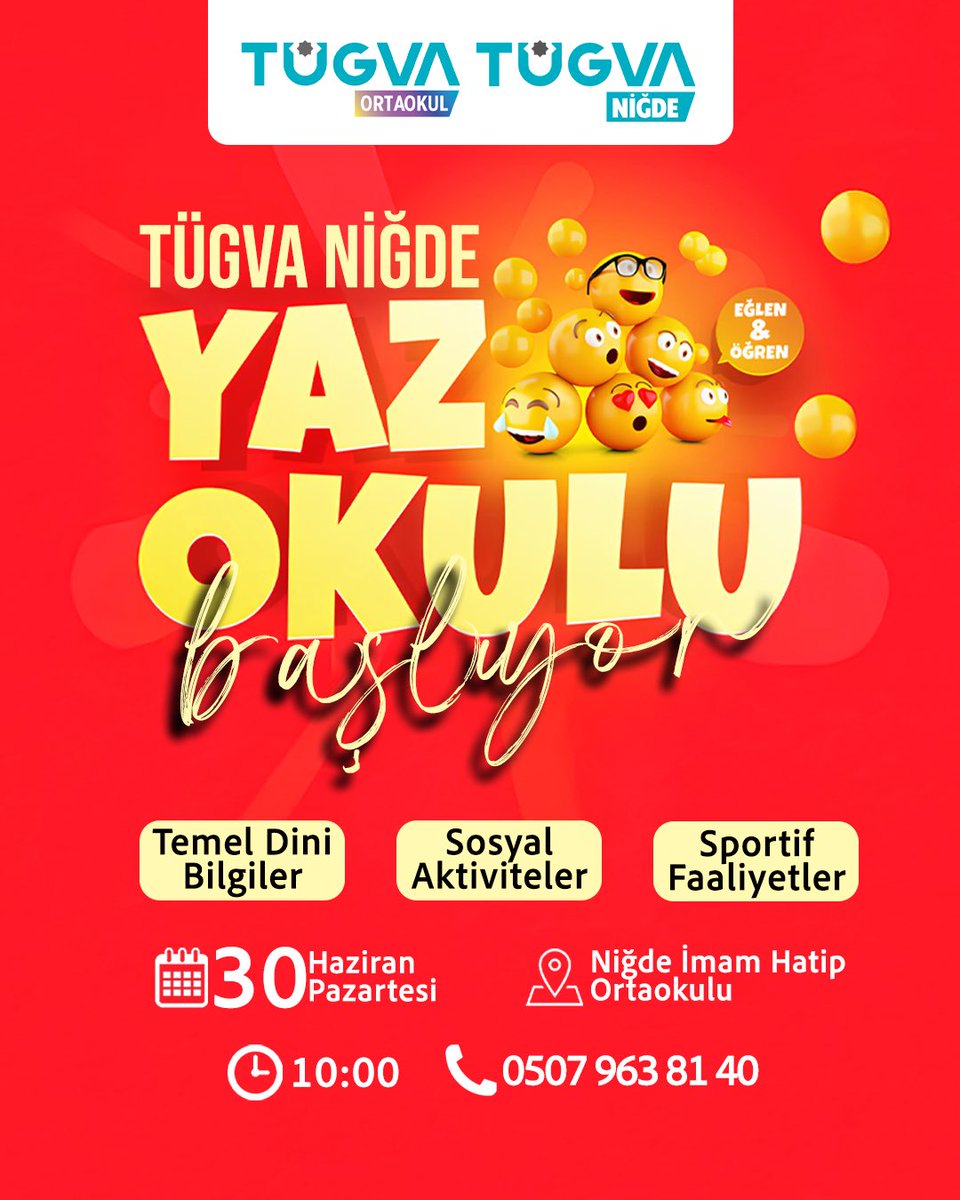 🎉 TÜGVA Niğde Ortaokul Yaz Okulu Başlıyor! 🎉
Eğlence, öğrenme ve kardeşlik dolu bir yaz seni bekliyor! ☀️📚🏀

🎯 Değerler eğitimi
🎨 Etkinlikler
📖 Kur’an-ı Kerim eğitimi
⚽️ Sportif faaliyetler

🗓 Tarih: 30 Haziran Pazartesi
📍 Yer: Niğde İmam Hatip Ortaokulu
🕖Saat: 10:00