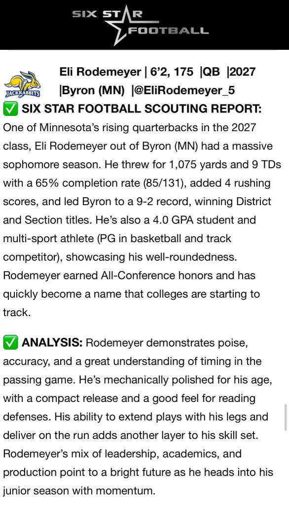 Eli Rodemeyer (@elirodemeyer_5) on Twitter photo Thank you <a href="/sixstarfootball/">Six Star Football | PLUS+</a> for the write up!
<a href="/OJW_Scouting/">PrepRedzone Oliver</a> <a href="/NWahlScouting/">Nate Wahl</a> <a href="/PrepRedzoneMN/">Prep Redzone Minnesota</a> <a href="/ByronMNFootball/">Byron Bears Football</a> Thank you <a href="/sixstarfootball/">Six Star Football | PLUS+</a> for the write up!
<a href="/OJW_Scouting/">PrepRedzone Oliver</a> <a href="/NWahlScouting/">Nate Wahl</a> <a href="/PrepRedzoneMN/">Prep Redzone Minnesota</a> <a href="/ByronMNFootball/">Byron Bears Football</a>
