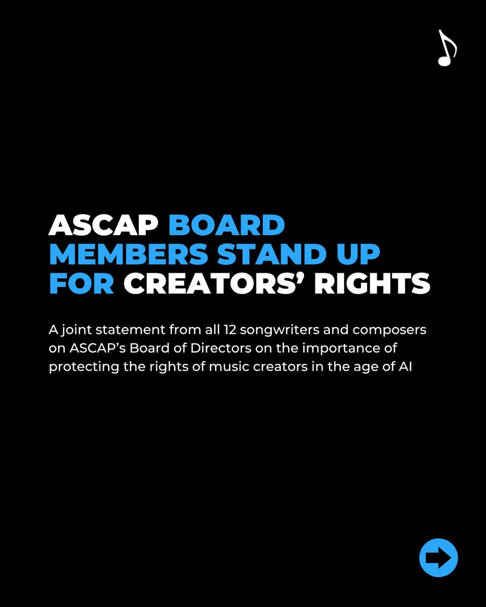 ASCAP's tweet image. ASCAP Writer Members of the Board penned a strong statement outlining their commitment to protecting the rights of American music creators in the age of AI. Like and share if you agree!
Learn more about ASCAP’s AI principles: ascap.com/ai