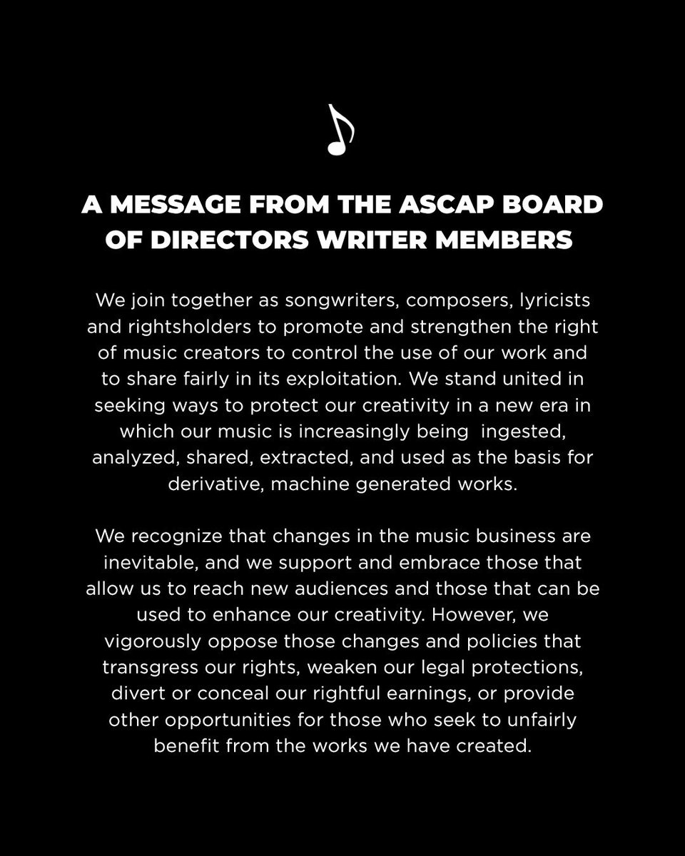 ASCAP's tweet image. ASCAP Writer Members of the Board penned a strong statement outlining their commitment to protecting the rights of American music creators in the age of AI. Like and share if you agree!
Learn more about ASCAP’s AI principles: ascap.com/ai