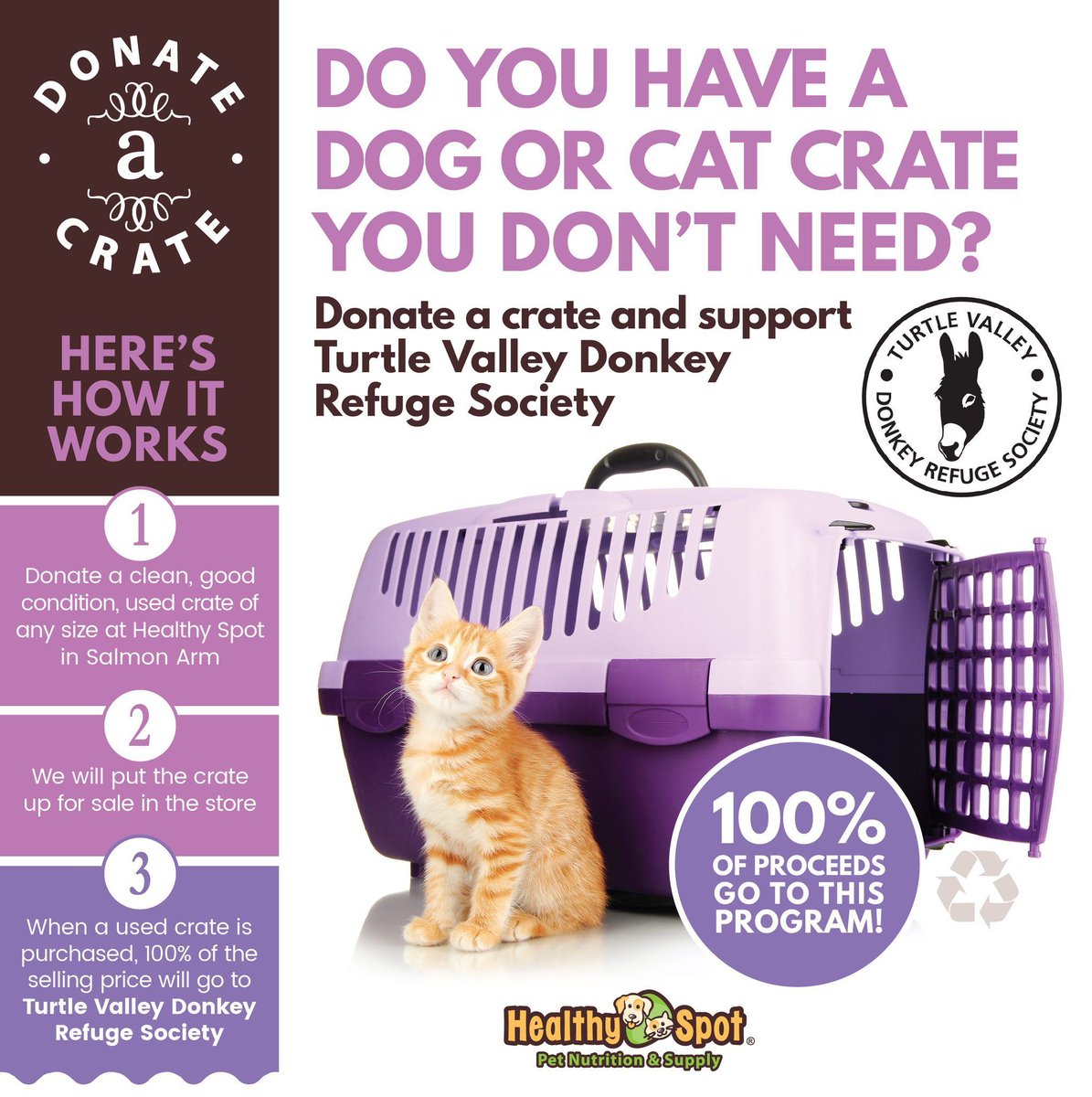 donkeyrefuge's tweet photo. @HealthySpotPet in Salmon Arm is donating 100% of proceeds from their Donate-a-Crate program to support our Donkeys &amp; Mules! 🫏💛
Drop off your gently used pet crates &amp; help us make a difference! https://t.co/kppEyi2Nu7 #DonateACrate #SupportLocal #TurtleValleyDonkeyRefuge https://t.co/8LCbyWGll0