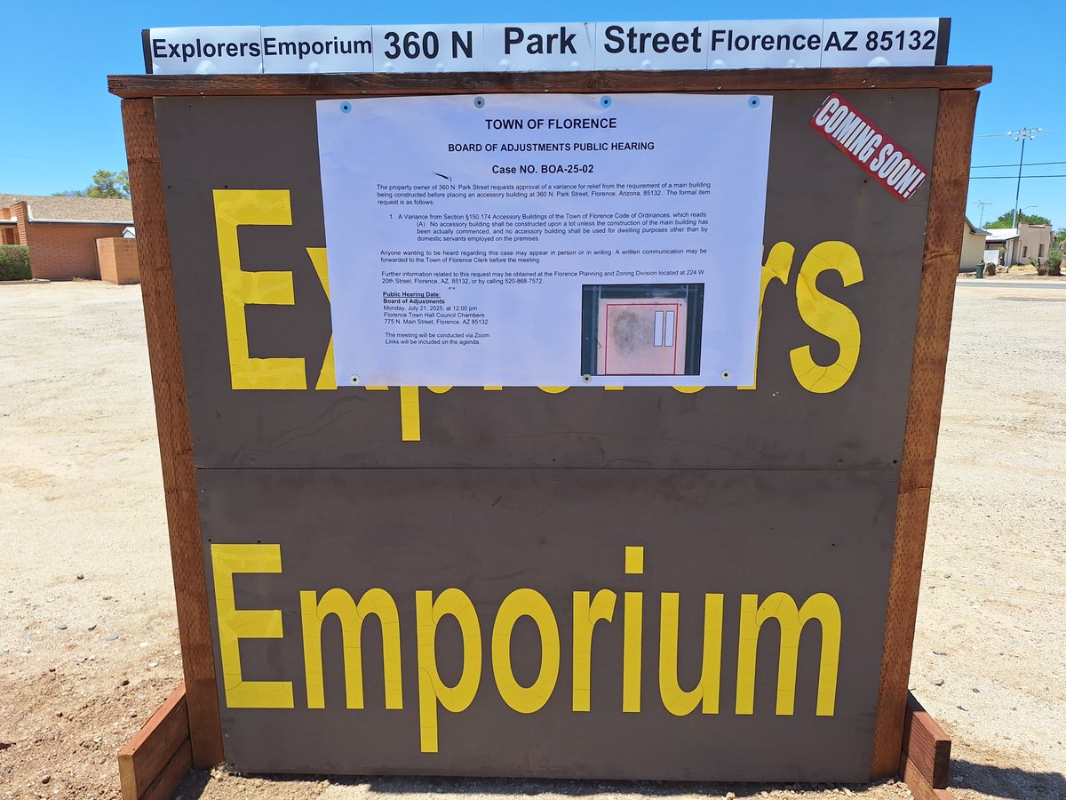 ADVENTURERS!!! We had two metal storage units put onto the new property. We moved Explorers Emporium into those units until we could build the new building. Can't have metal units on a property in Florence without existing building. Requested a "Relief for an Accessory".  Posting