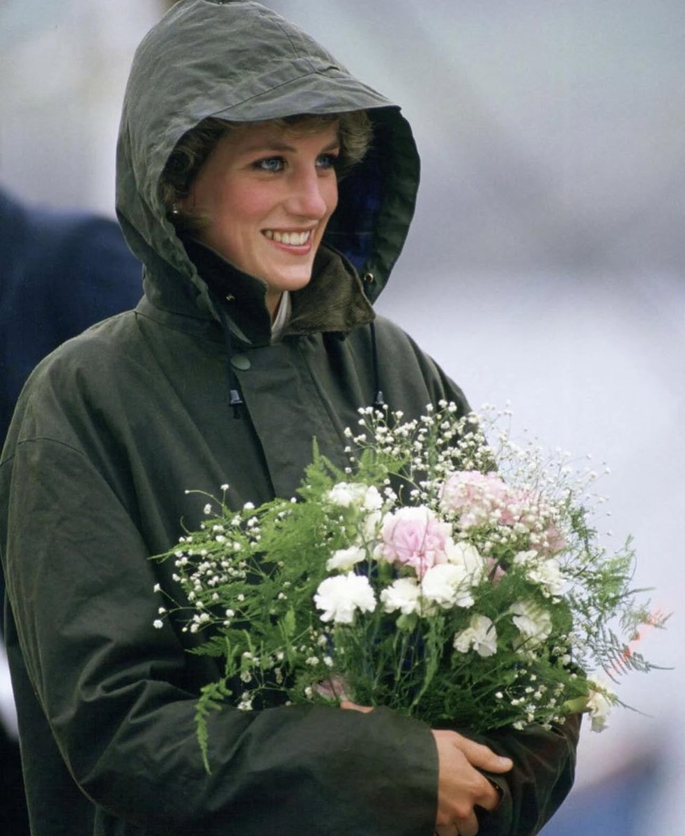 princess diana on a rainy day in scotland, 1985.