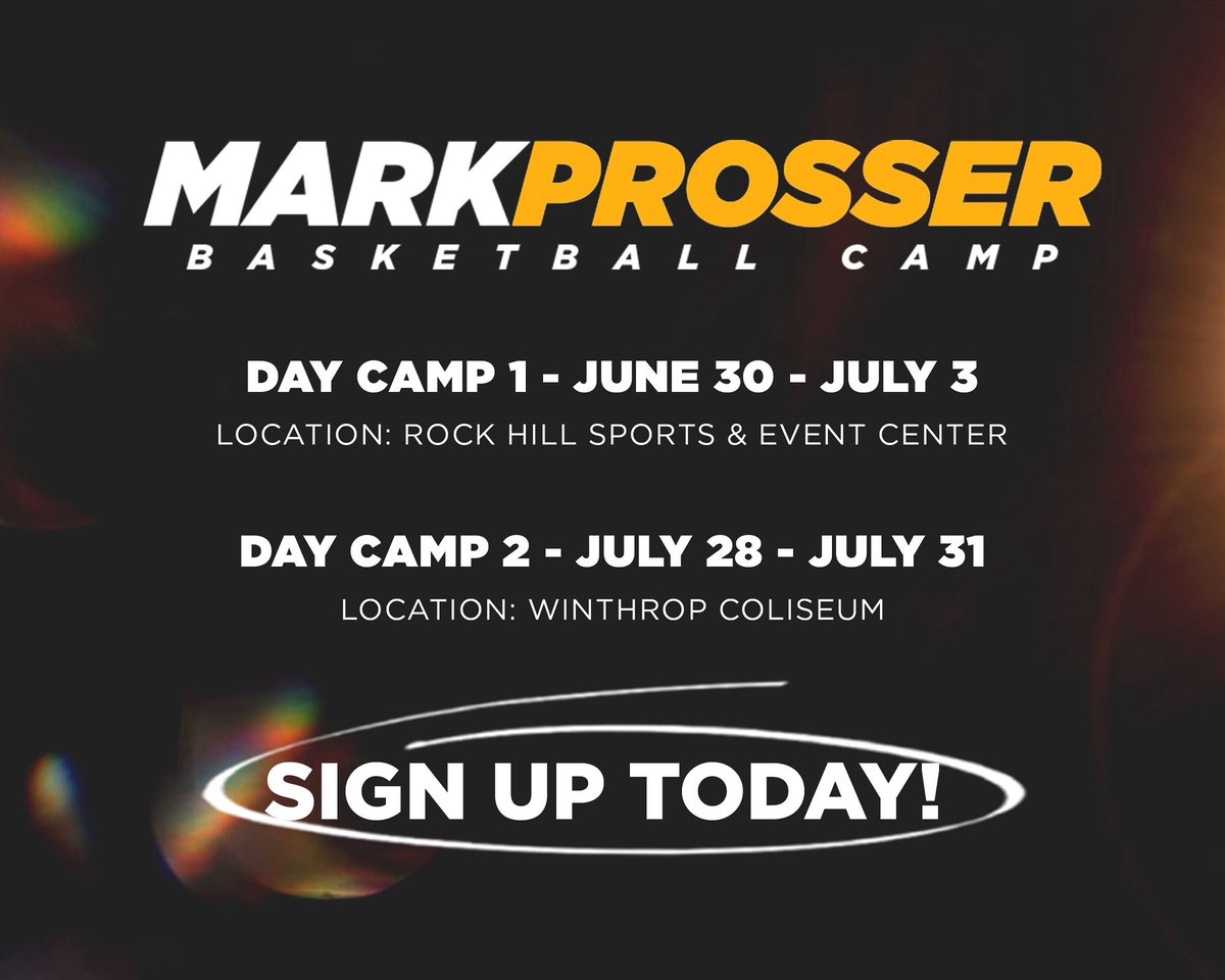 Winthrop_MBB's tweet image. ๐๐ฅ๐ฆ๐จ๐ฌ๐ญ ๐๐ก๐๐ญ ๐๐ข๐ฆ๐! ๐
Couple of days before our first Day Camp gets rocking at the beautiful Rock Hill Sports & Event Center!
Spots are filling up so click the link below to come join us for an amazing week!
markprosserbasketballcamp.com/shop/EVENT
#ROCKtheHILL