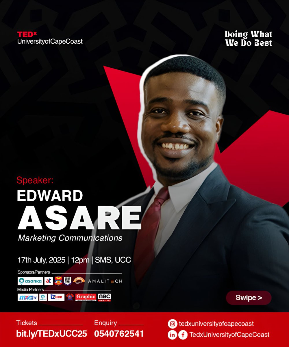 EdwardAsare's tweet photo. I remember the days I used to imagine myself speaking on a TEDx stage.
Sometimes in the bathroom. Sometimes pacing around my room. I would rehearse my speech like I was already there—lights on, audience seated, mic in hand.

I watched countless TEDx videos, not knowing how it would happen for me. All I had was a quiet conviction: One day, I’ll be on that stage. And when the time comes, I must be ready.

I kept rehearsing, believing the right moment would find me.
Then one day—it did.

I received a message. An official TEDx invite. The dream I held close for years was now a reality.
I'm thrilled to announce that I’ll be speaking at TEDxUniversityofCapeCoast 2025!

📍 Venue: School of Medical Sciences Auditorium, University of Cape Coast
 📅 Date: Thursday, July 17, 2025
 🎟️ Tickets: https://t.co/ySJn5sIKEE

Thank you to the TEDxUniversityofCapeCoast team for this opportunity.
I’ll be sharing insights on digital storytelling, personal growth, and why showing up for your dreams—even in silence—is one of the most powerful things you can do.

Let’s spread ideas worth sharing. See you there.
