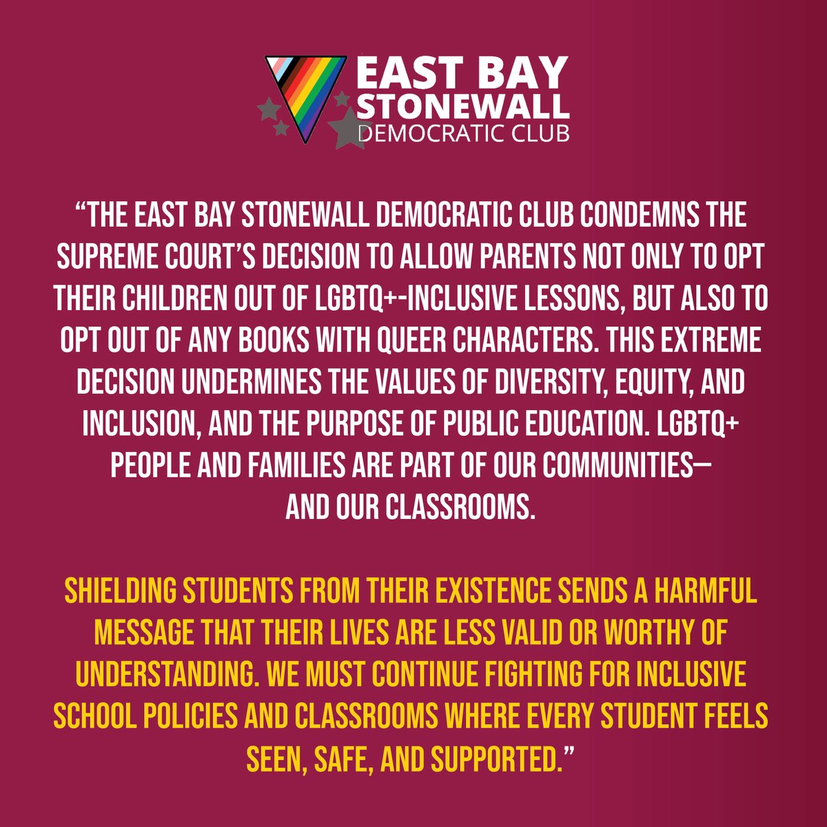 Shielding students from the existence of lgbtq people &amp; families sends a harmful message that their lives are less valid or worthy of understanding. We must continue fighting for inclusive school policies and classrooms where every student feels seen, safe, and supported.”