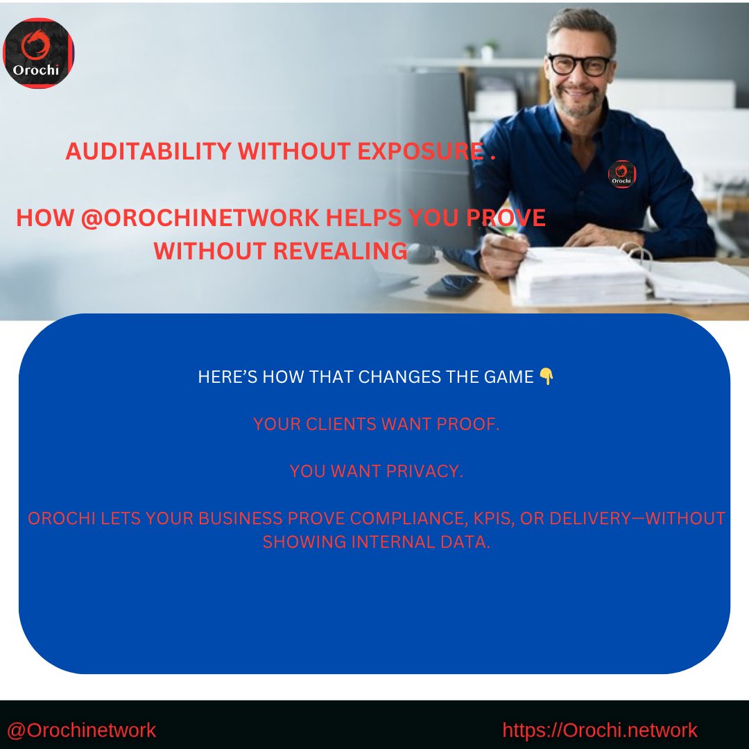 princewill_okon's tweet image. @OrochiNetwork 
Your clients want proof.

You want privacy.

Orochi lets your business prove compliance, KPIs, or delivery—without showing internal data.

Here’s how that changes the game 👇
#ZKProof #OrochiNetwork #Web3Audit