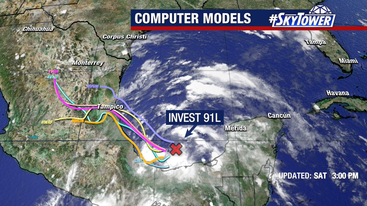A tropical depression or storm is likely to develop in the Bay of Campeche within the next 48 hours. This is not a threat to Florida.

The National Hurricane Center now gives Invest 91L a high (70%) chance of formation. Models overwhelmingly favor a westward track into Mexico.