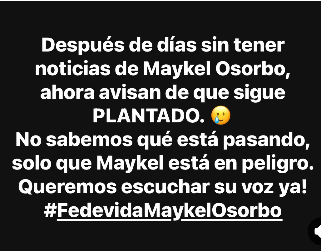 ‼️ URGENTE
Un preso llamó ahora muy rápido para decir que Maykel está plantado. La prisión dice que no pero lo cierto es q no dejan llamar a Maykel para desmentir eso. Que esté de castigo no es excusa porque otras veces han dejado q llame para aplacar las cosas. #freeMaykelOsorbo