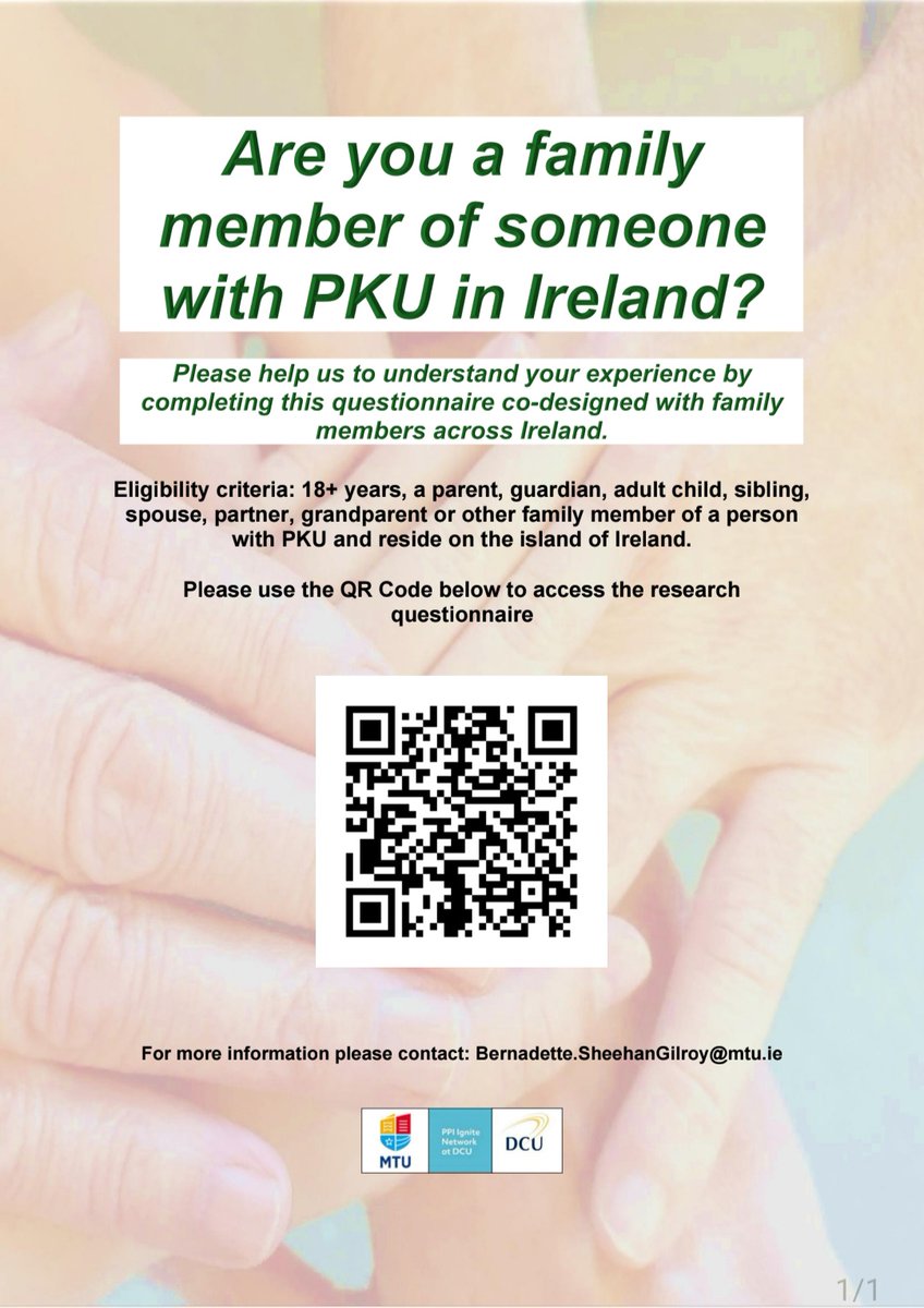 Bernadette Sheehan Gilroy (@sheehangilroy) on Twitter photo If you are a family member of someone with #PKU on the island of Ireland, your voice matters. Please consider participating:👉dcusciencehealth.qualtrics.com/jfe/form/SV_eU…
📢 PLEASE RESHARE TO HELP US REACH MORE FAMILIES
#InternationalPKUDay2025 #CommunityDriven #ResearchThatMatters If you are a family member of someone with #PKU on the island of Ireland, your voice matters. Please consider participating:👉dcusciencehealth.qualtrics.com/jfe/form/SV_eU…
📢 PLEASE RESHARE TO HELP US REACH MORE FAMILIES
#InternationalPKUDay2025 #CommunityDriven #ResearchThatMatters