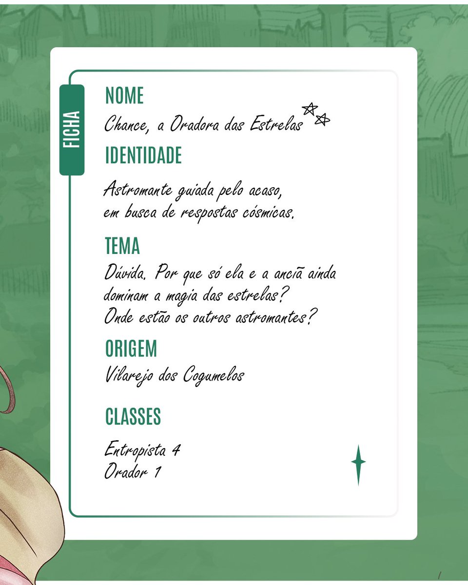 Conheça CHANCE, a Oradora das Estrelas, vivida por <a href="/TrevahGG/">Priscila Trevah 🌙</a> em nossa mesa de #FabulaUltima 🎲

📖 História
Chance descobriu seu dom ao invocar magia por acidente ainda criança. Desde então, tornou-se aprendiz da anciã e guardiã das tradições cósmicas. Seu verdadeiro desejo é