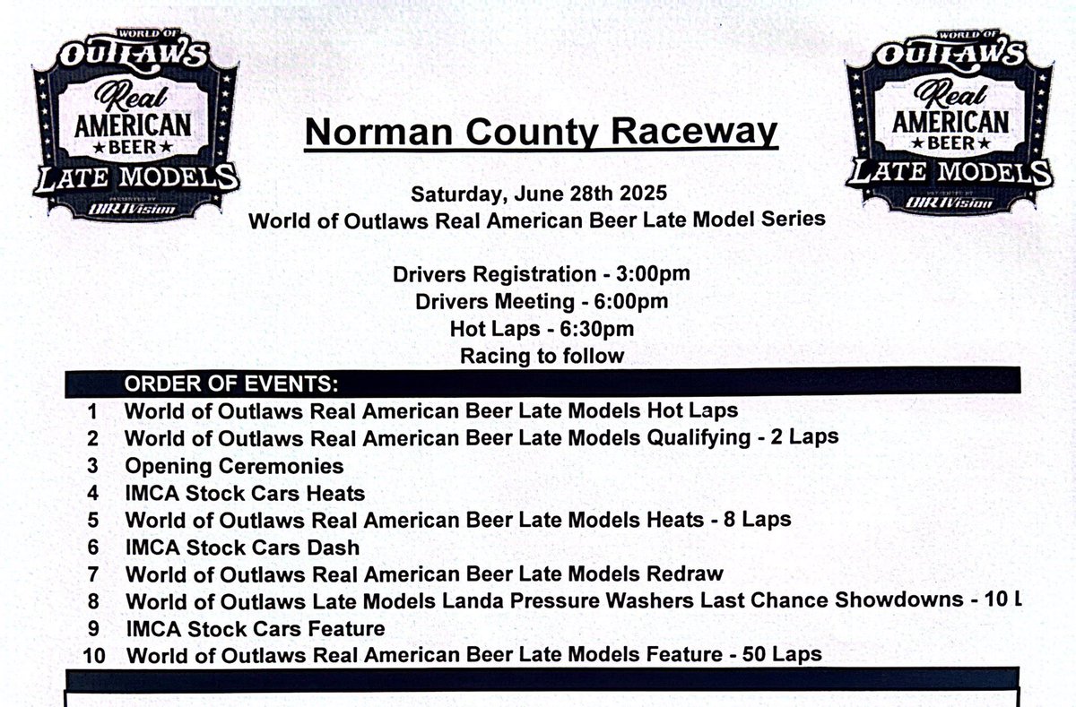 Tonight's order of events at <a href="/ncrada/">Norman County Raceway</a> 👇
