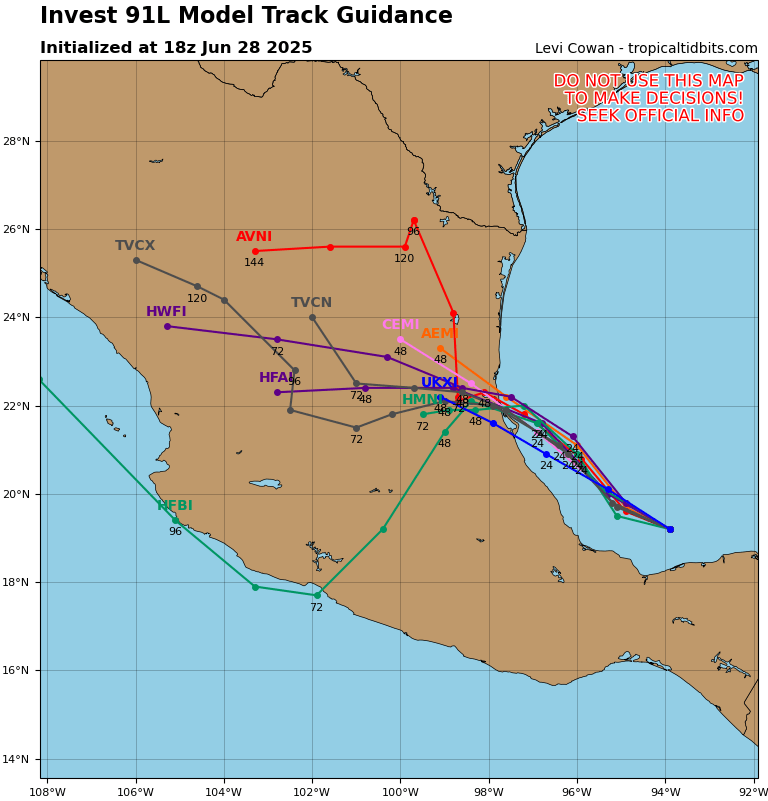 FloridaTropics1's tweet photo. Latest spaghetti models for #91L giving it a little more time over water. We're waiting to see what NHC does at 5 PM. https://t.co/GO8zENHhbz
