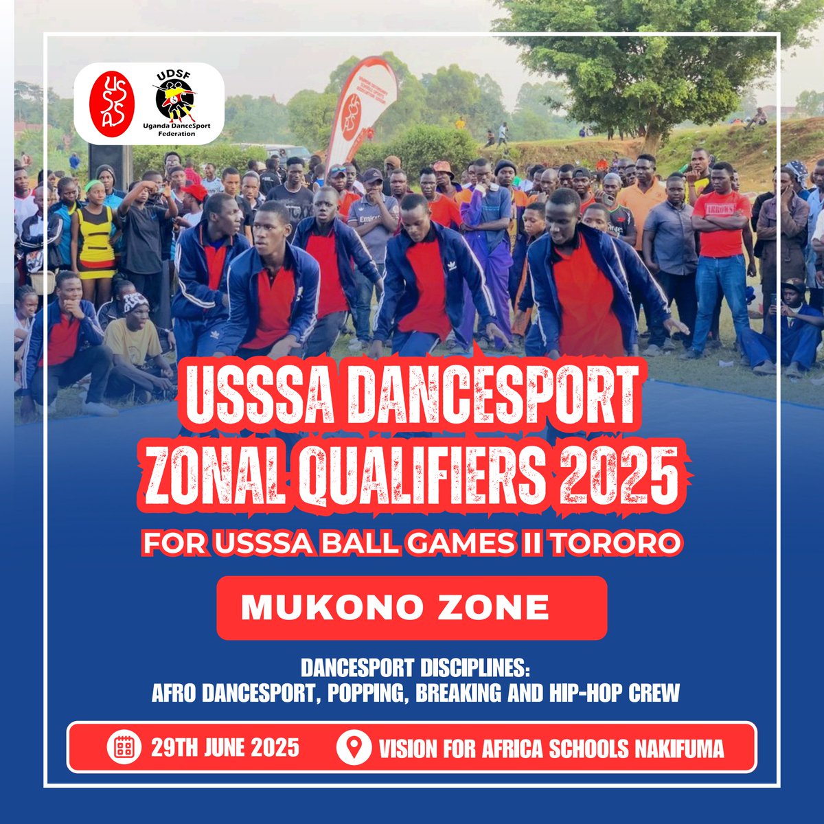 The USSSA Dancesport Zonal Qualifiers 2025 for the Mukono Zone are here! 🕺💃 Join us as schools compete in Afro Dancesport, Popping, Breaking, and Hip-Hop Crew for a slot at National. See you tomorrow 29th June 2025 at Vision for Africa Schools Nakifuma! 🎶🏆 #DanceSport