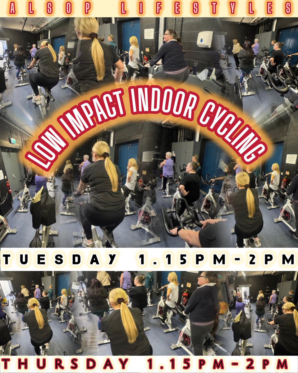 Join me for Low Impact Indoor Cycling at Alsop Lifestyles every Tuesday and Thursday 1.15pm-2pm