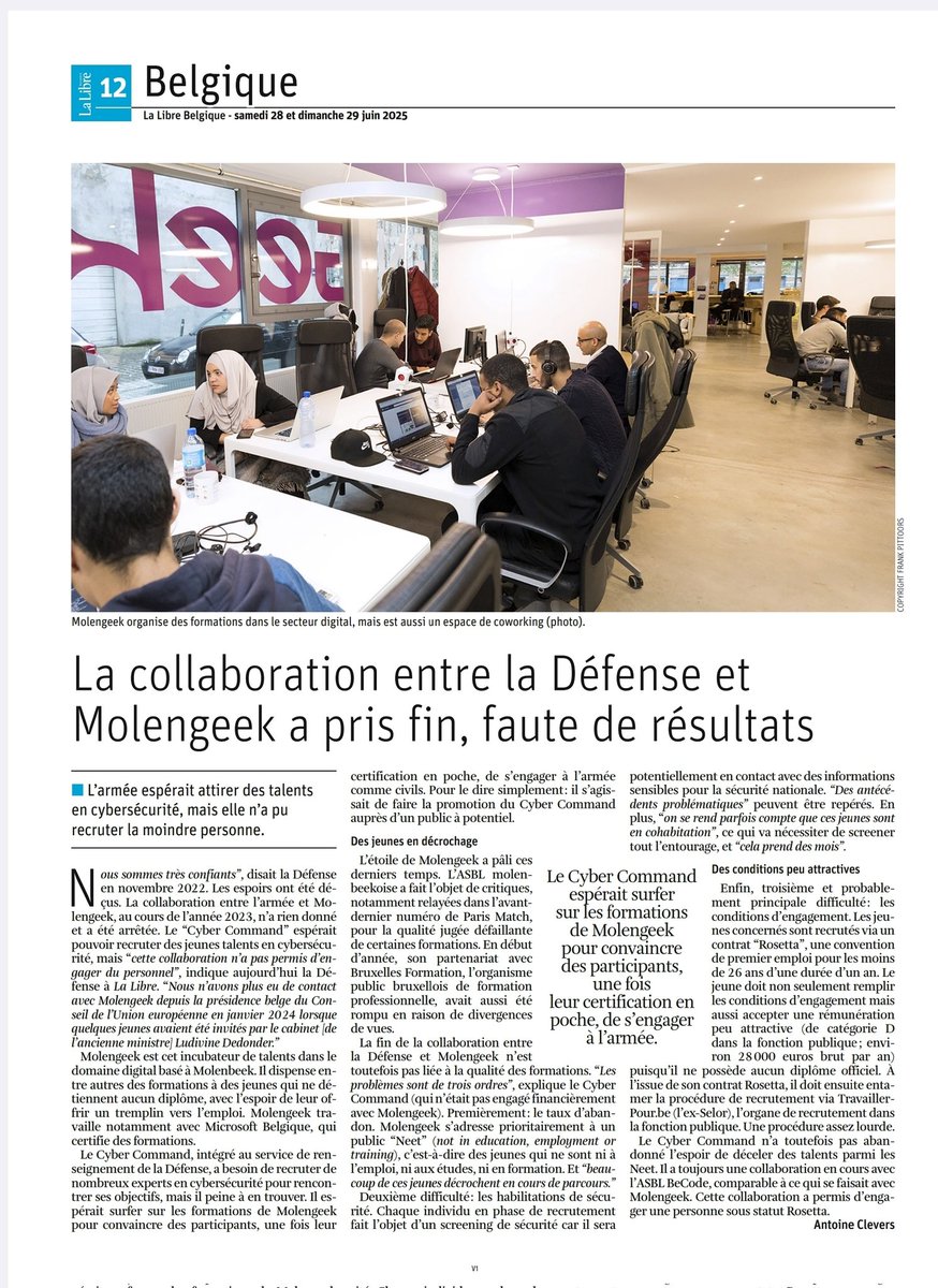 Ibiwas's tweet image. Vu que des fachos fantasment fort sur l’arrêt de la (gratuite) collab avec la Défense je pose ça là 👇
La Défense voulait recruter des jeunes via @molengeek mais les conditions salariales et les contraintes d’accès n’étaient pas adaptées à la réalité de nos jeunes
Tout simplement