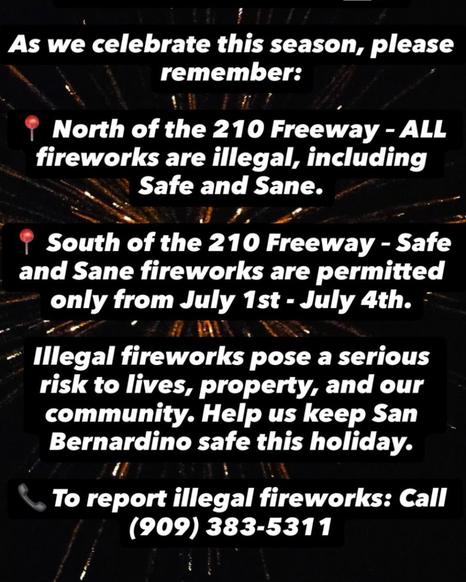 San Bernardino PD (@sanbernardinopd) on Twitter photo 🚫🎆 FIREWORKS REMINDER FOR SAN BERNARDINO RESIDENTS 🎆🚫
<a href="/SBPD_CHIEF/">Chief Darren Goodman</a>
#SanBernardino #FireworksSafety #SafeAndSane #CelebrateResponsibly 🚫🎆 FIREWORKS REMINDER FOR SAN BERNARDINO RESIDENTS 🎆🚫
<a href="/SBPD_CHIEF/">Chief Darren Goodman</a>
#SanBernardino #FireworksSafety #SafeAndSane #CelebrateResponsibly