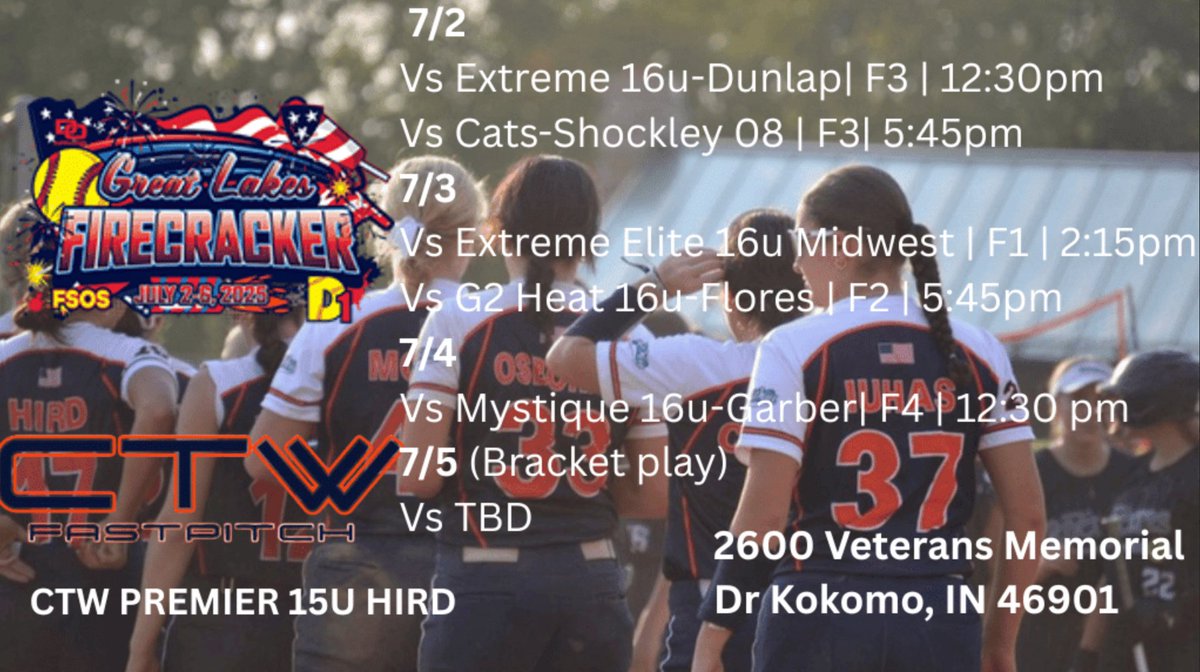 Heading out to Indiana for the Great Lakes Firecracker! Come out and see us⬇️
<a href="/saradriesenga10/">Sara Driesenga</a>  <a href="/McCallSalmon/">McCall Salmon</a> <a href="/marleewilson/">Marlee Wilson</a> <a href="/bshipman44/">Bill Shipman</a>  <a href="/ExtraInningSB/">EXTRA INNING SOFTBALL</a> <a href="/ondecksoftball/">OnDeck Softball 🥎</a> <a href="/JenConsaul/">Jen Consaul</a> @coach_A_mo <a href="/MaxPreps/">MaxPreps</a> <a href="/NFCAorg/">National Fastpitch Coaches Association</a> <a href="/TheRecordNS/">The Record North Shore</a> <a href="/D1Softball/">D1Softball</a> <a href="/SBRRetweets/">Softball Recruiting Reposts</a> <a href="/CoastRecruits/">Coast 2 Coast Recruits</a> <a href="/LegacyLegendsS1/">Legacy & Legends Softball</a>
