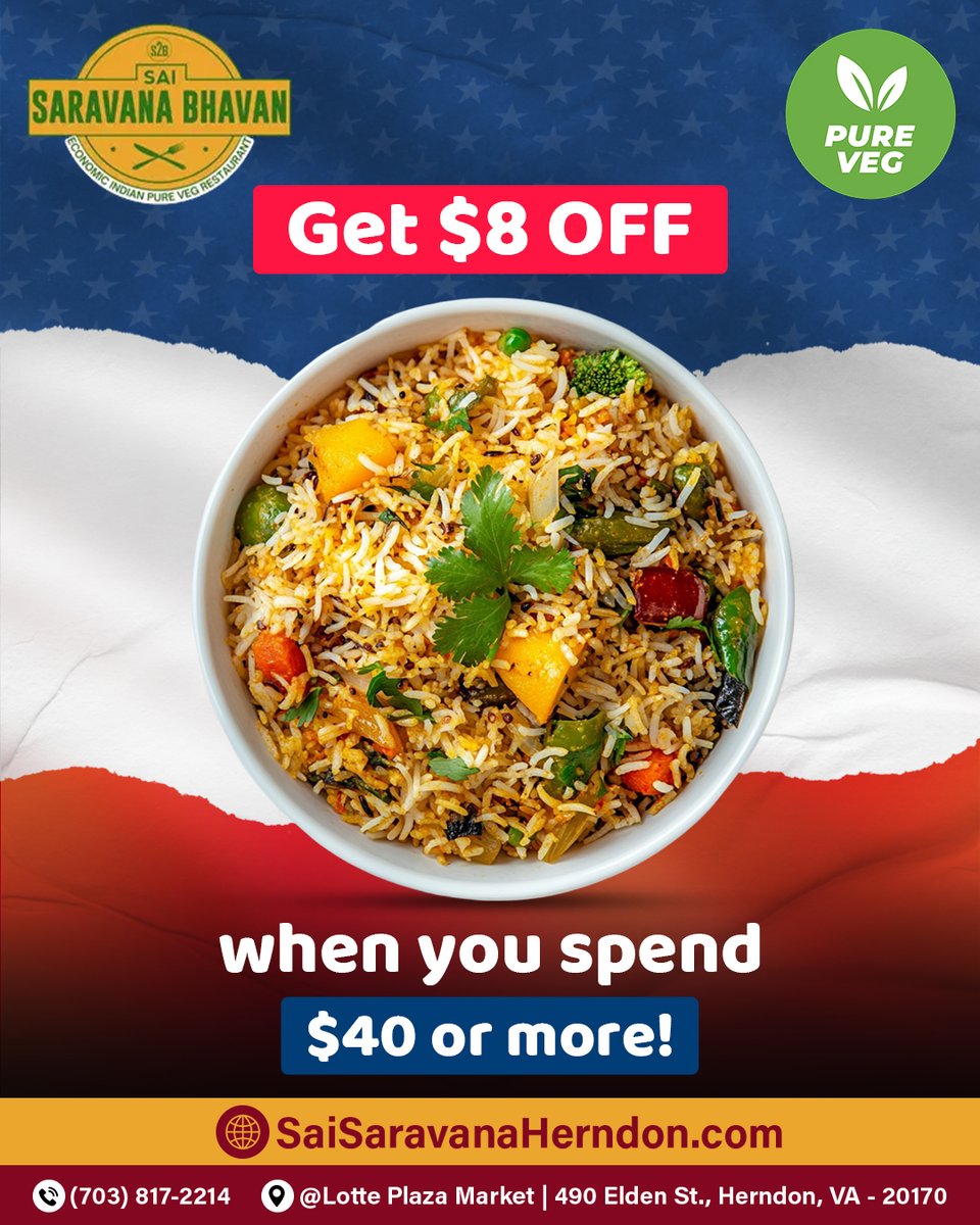 Saisaravanava's tweet photo. 🎉 Get $8 OFF when you spend $40 or more! 🍽️💰

Craving South Indian flavors? Now’s the perfect time to indulge! 😋

Order Online now at #SaiSaravanaBhavan and enjoy the savings! 🛵✨

Order Online👉: https://t.co/vBr8xPOScu

#SpecialOffer #FoodieDeal #TastySavings #FoodDiscount https://t.co/XT3YJu7mNA