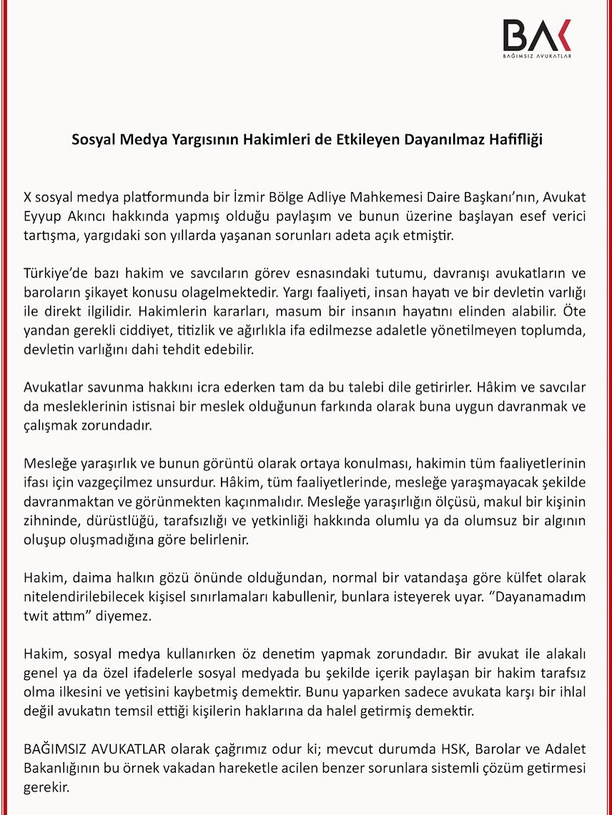 Bir hâkimin, Av. Eyyüp Akıncı’yı açık isimle hedef alan sosyal medya paylaşımı, yargı etiği ve tarafsızlık ilkesinin açık ihlalidir.

Bu tutum yalnızca bir meslektaşa değil, savunma hakkına ve temsil edilen yurttaşlara da zarar verir.

HSK bu örneği görmezden gelmemeli, benzer