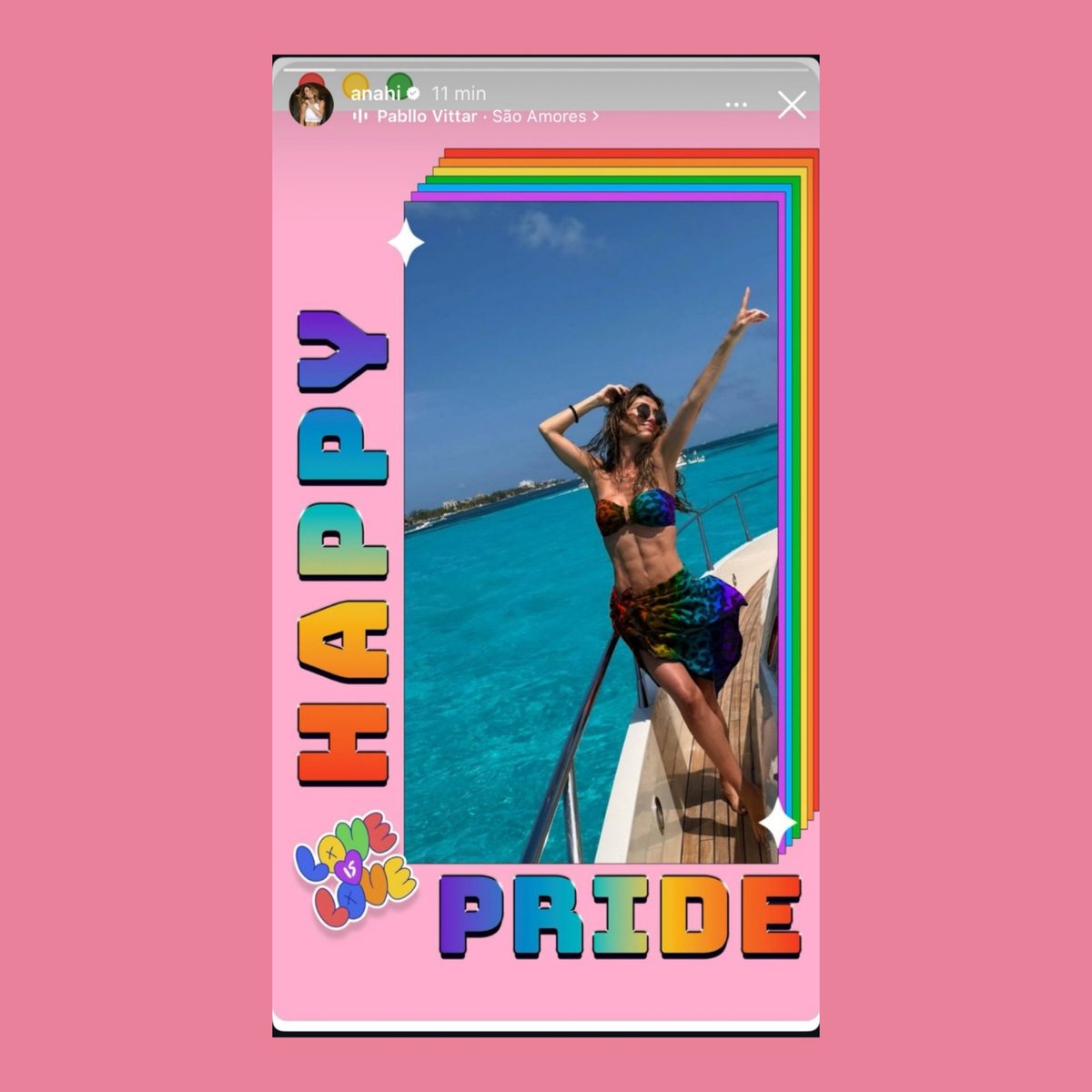 Anahi publicou story celebrando o mês do orgulho ao som de 'São Amores', da Pabllo Vittar. 🌈💕
