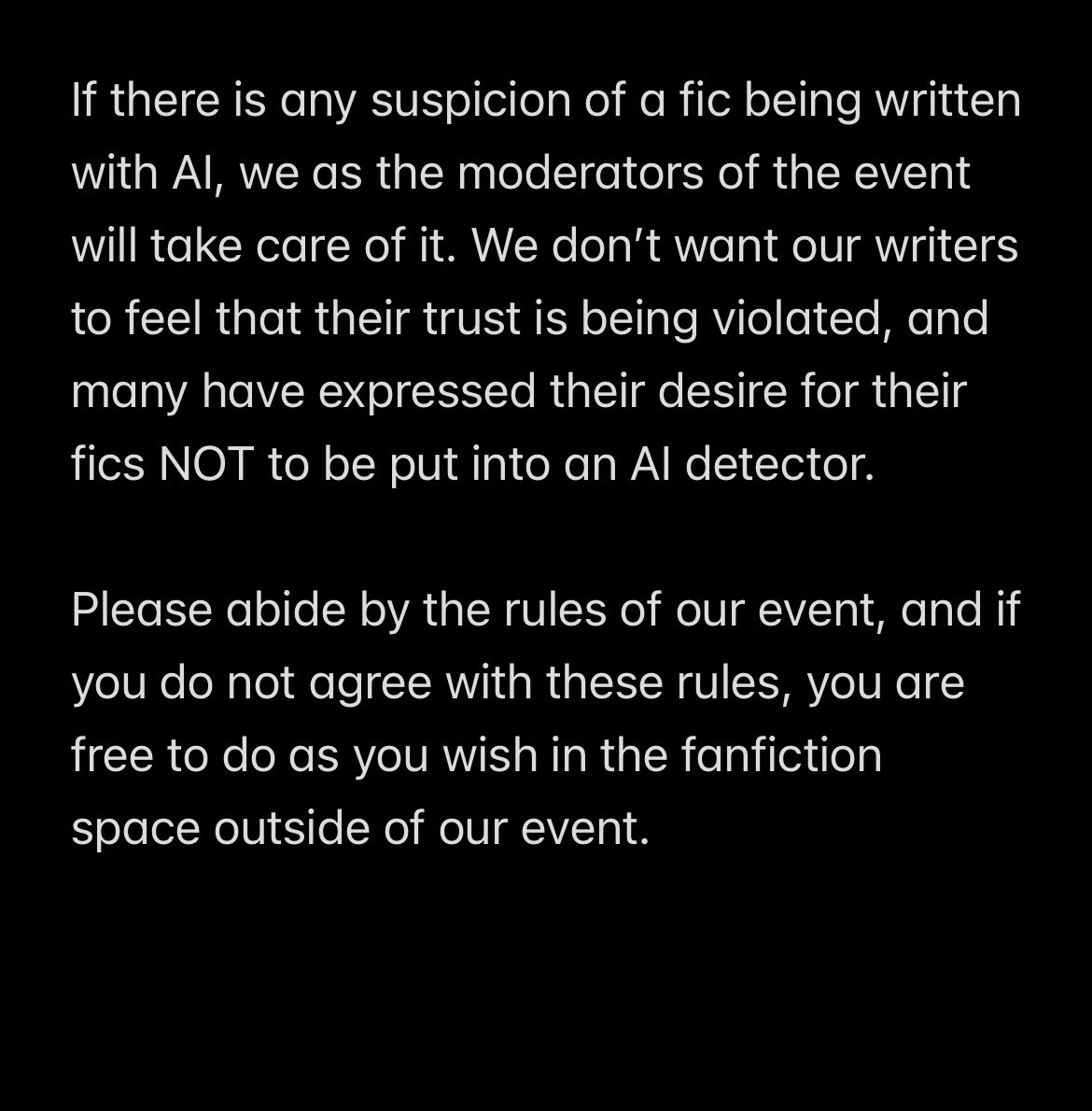summerof5hinee's tweet photo. 📍Here is a full statement from us on the use of generative AI and AI detectors in this fest. 

We are open to questions if you have any, but we also hope this subject can be put to rest to avoid misunderstandings and derailing of the fest’s main objective. https://t.co/8XpuScKU6g