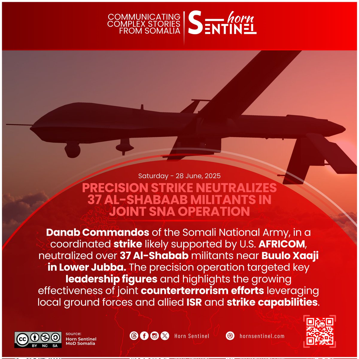 HornSentinel's tweet photo. Danab Commandos, with likely support from @USAfricaCommand, conducted a precision strike near Buulo Xaaji, eliminating 37+ #AlShabab militants, including key leaders. Such kinetic strikes disrupt key leadership nodes of the #AlQaeda-affiliate group in #Somalia. #CT #OSINT https://t.co/0om0YujPpv
