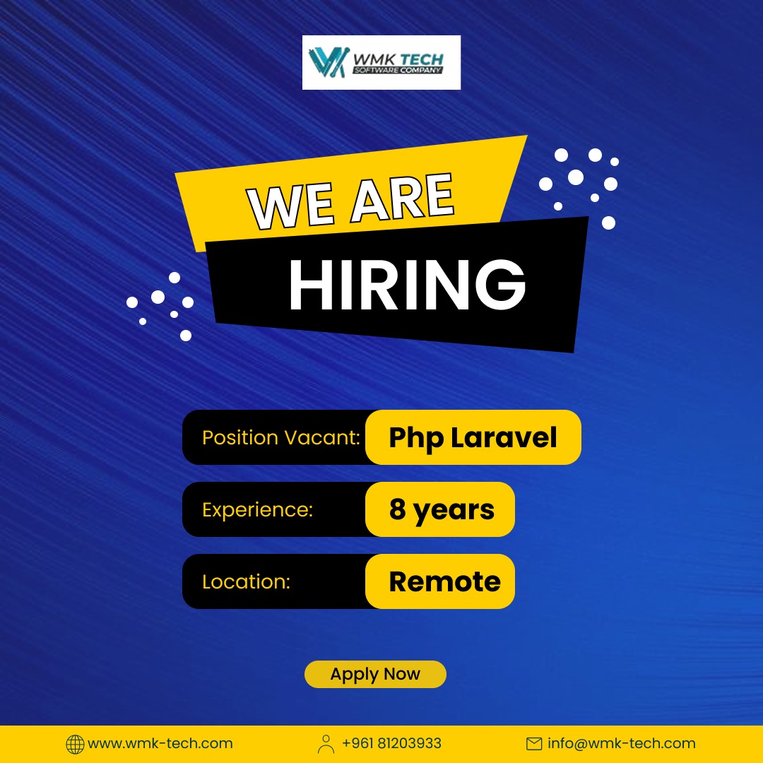 wmktech's tweet image. PHP Laravel Developer (8+ years experience)
📍 Fully Remote | Apply Now!
👉 Apply Here: wmk-tech.com
📞 +961 81203933 | ✉️ info@wmk-tech.com

#Hiring #RemoteJobs #FlutterDeveloper #LaravelJobs #TechCareers #RemoteWork #DeveloperJobs #LebanonJobs #WMKTech #NowHiring