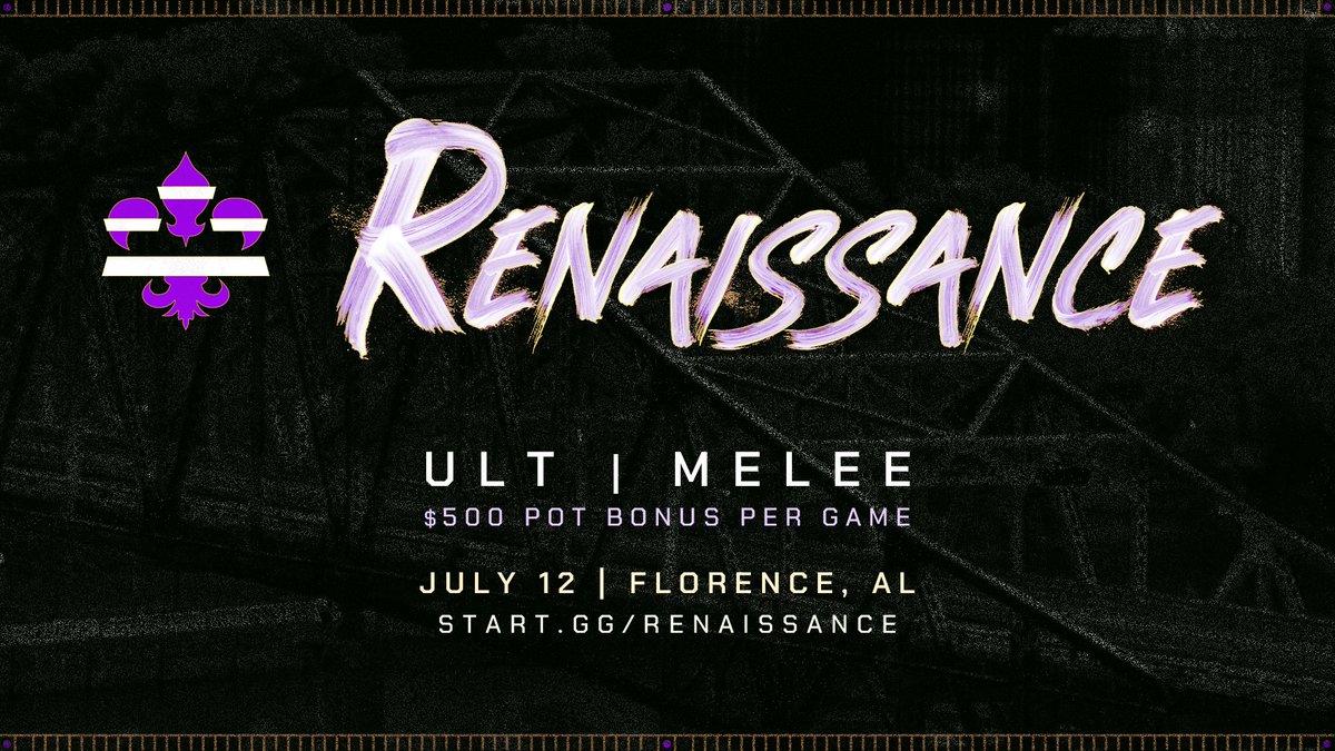 Alabama Smash League (@alsmashleague) on Twitter photo Last week to sign up for Renaissance! Come see what <a href="/ShoalsSmash/">Shoals Smash Series ➡️ Renaissance</a> has been cooking up for you!
$500 dollar pot bonus for both Ultimate *AND* Melee, that's a whole rack!
July 12th in Florence, AL at UNA!
Link in replies! Last week to sign up for Renaissance! Come see what <a href="/ShoalsSmash/">Shoals Smash Series ➡️ Renaissance</a> has been cooking up for you!
$500 dollar pot bonus for both Ultimate *AND* Melee, that's a whole rack!
July 12th in Florence, AL at UNA!
Link in replies!