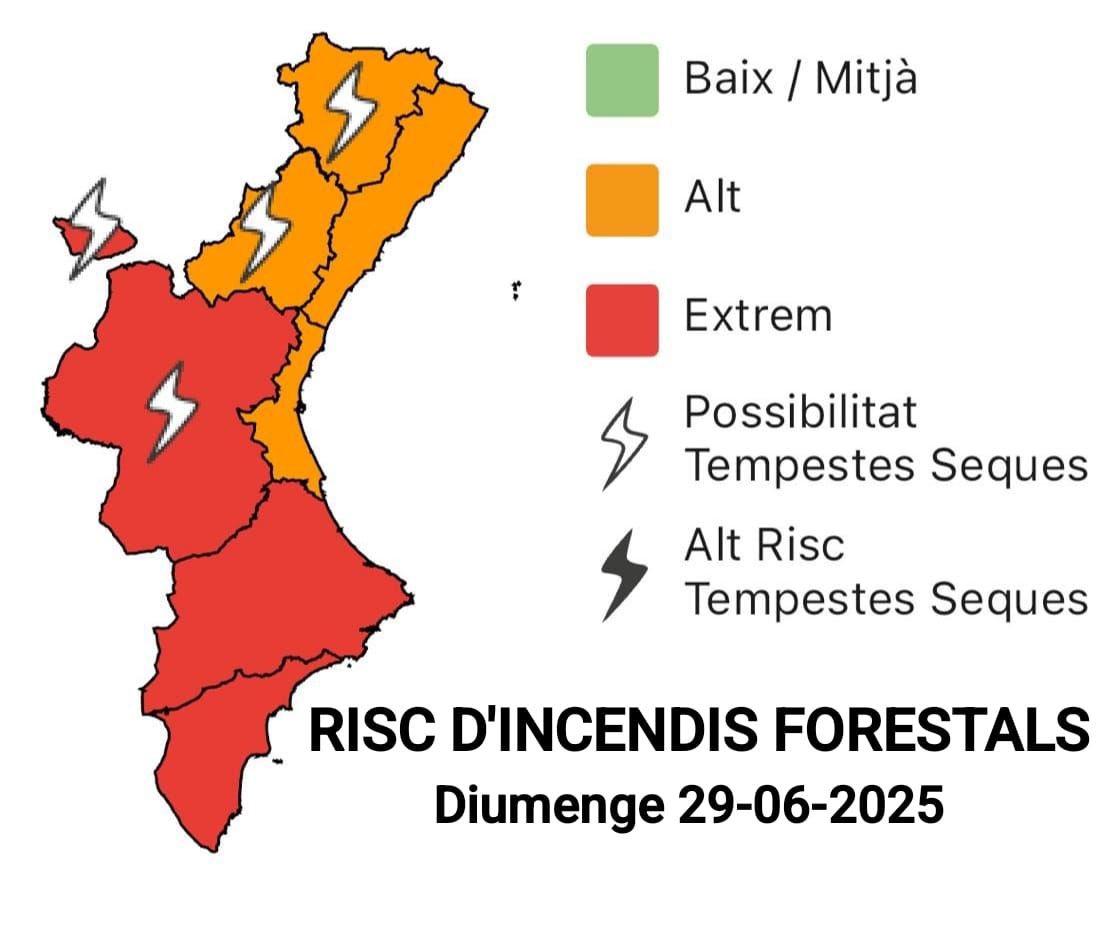 #Inforatge ⛔🔥 ATENCIÓ demà DIUMENGE 29 perquè el risc d’incendis forestals serà #EXTREM a Alacant i bona part de València, i #ALT a la resta de la Comunitat, degut a les temperatures molt elevades i a les tronades seques (llamps) a zones més interiors del nord del territori.
